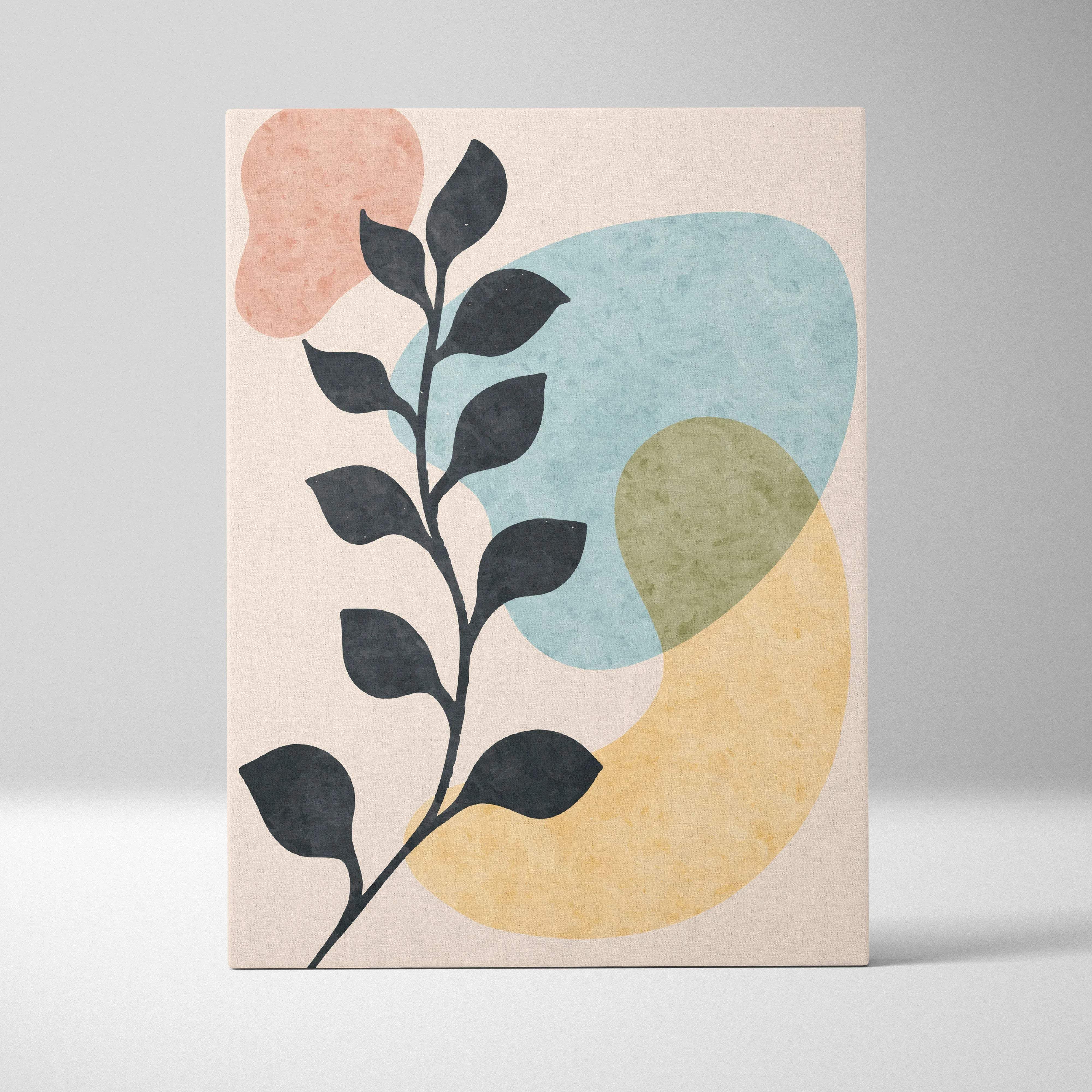 Minimalist black leafy branch silhouette on peach blue yellow pastel canvas art