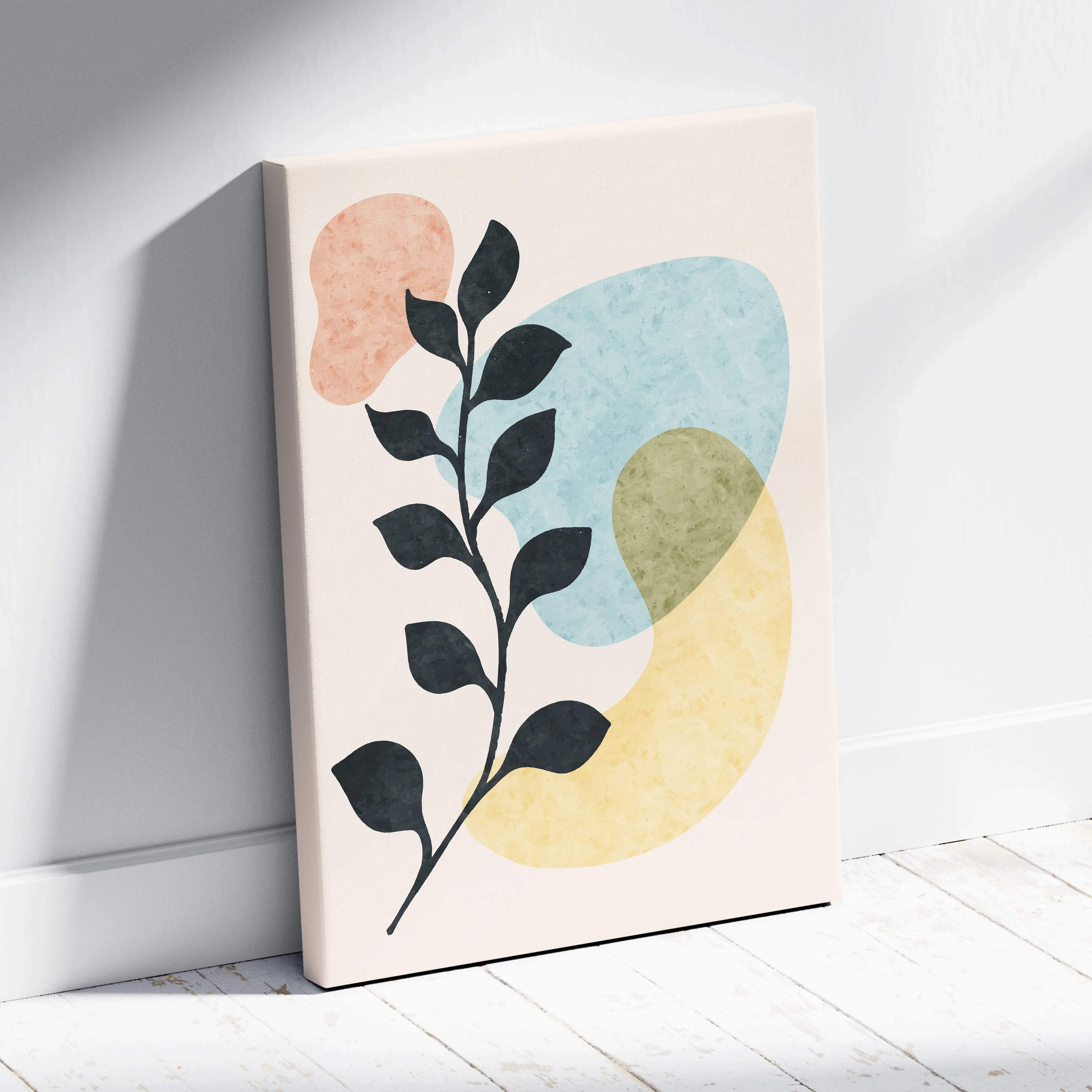 Minimalist black leafy branch silhouette canvas with pastel peach blue yellow shapes