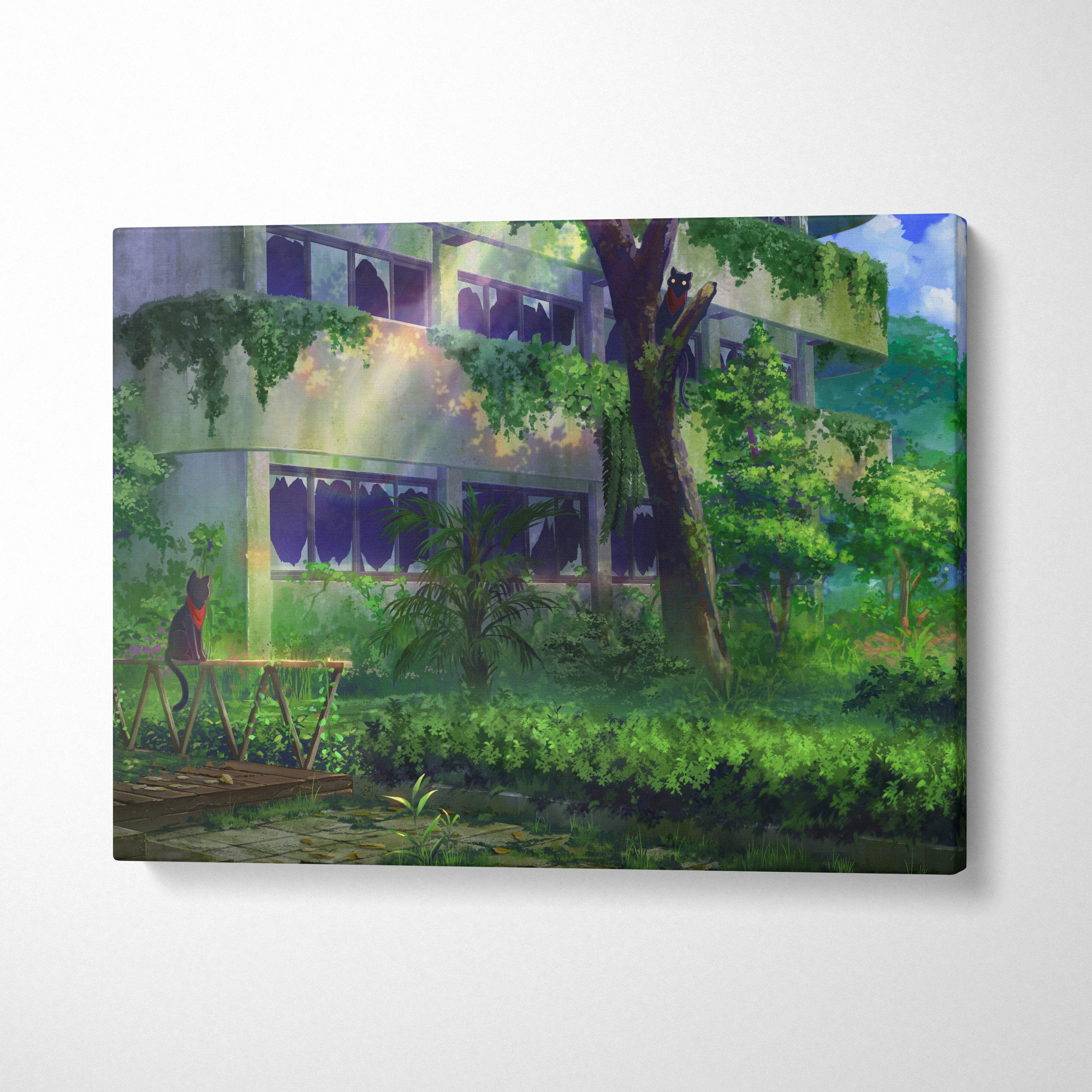 A rectangular canvas print of an overgrown green abandoned building anime digital art for modern gaming room decor