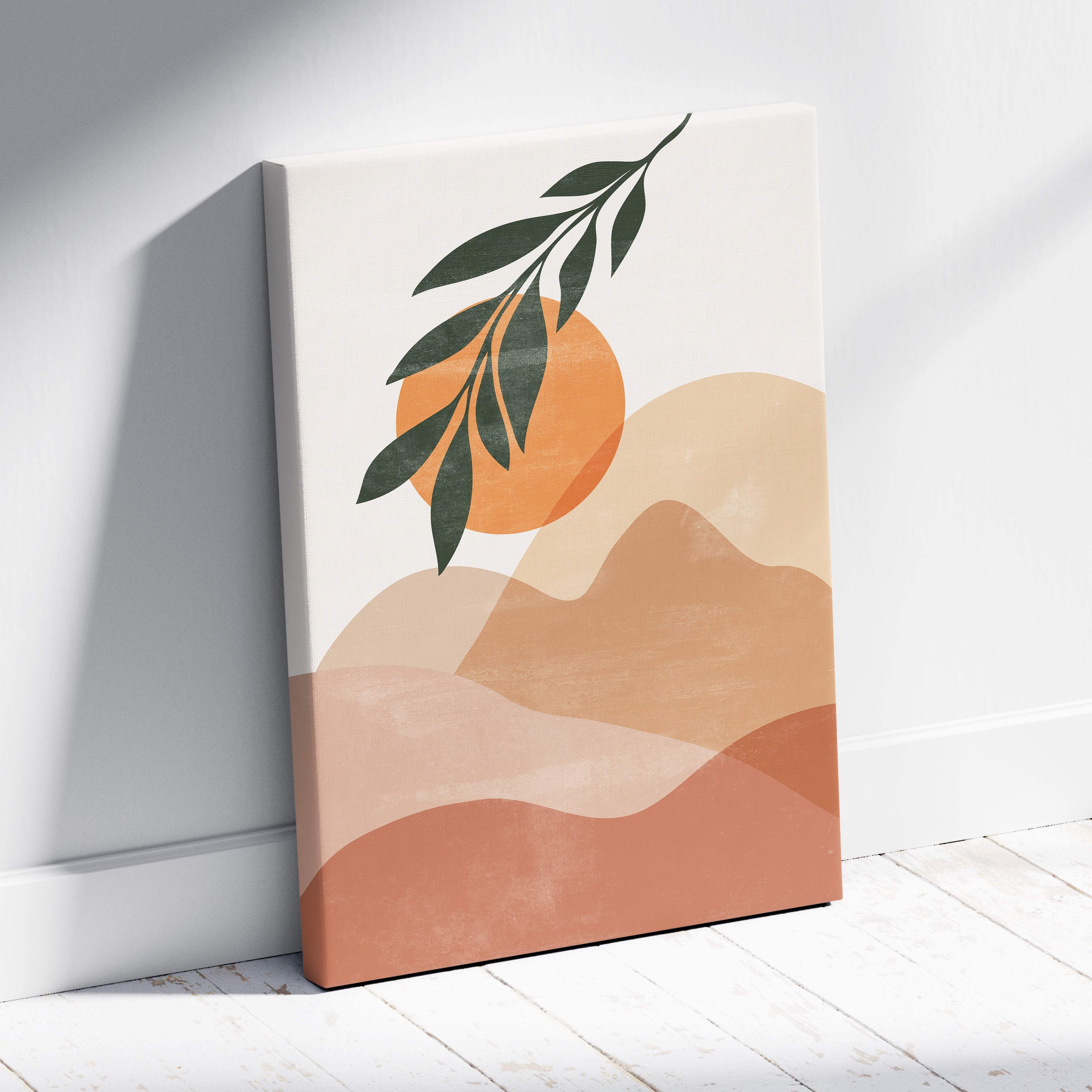 Boho desert landscape wall art featuring a minimalist canvas print with an orange sun and terracotta mountain silhouettes