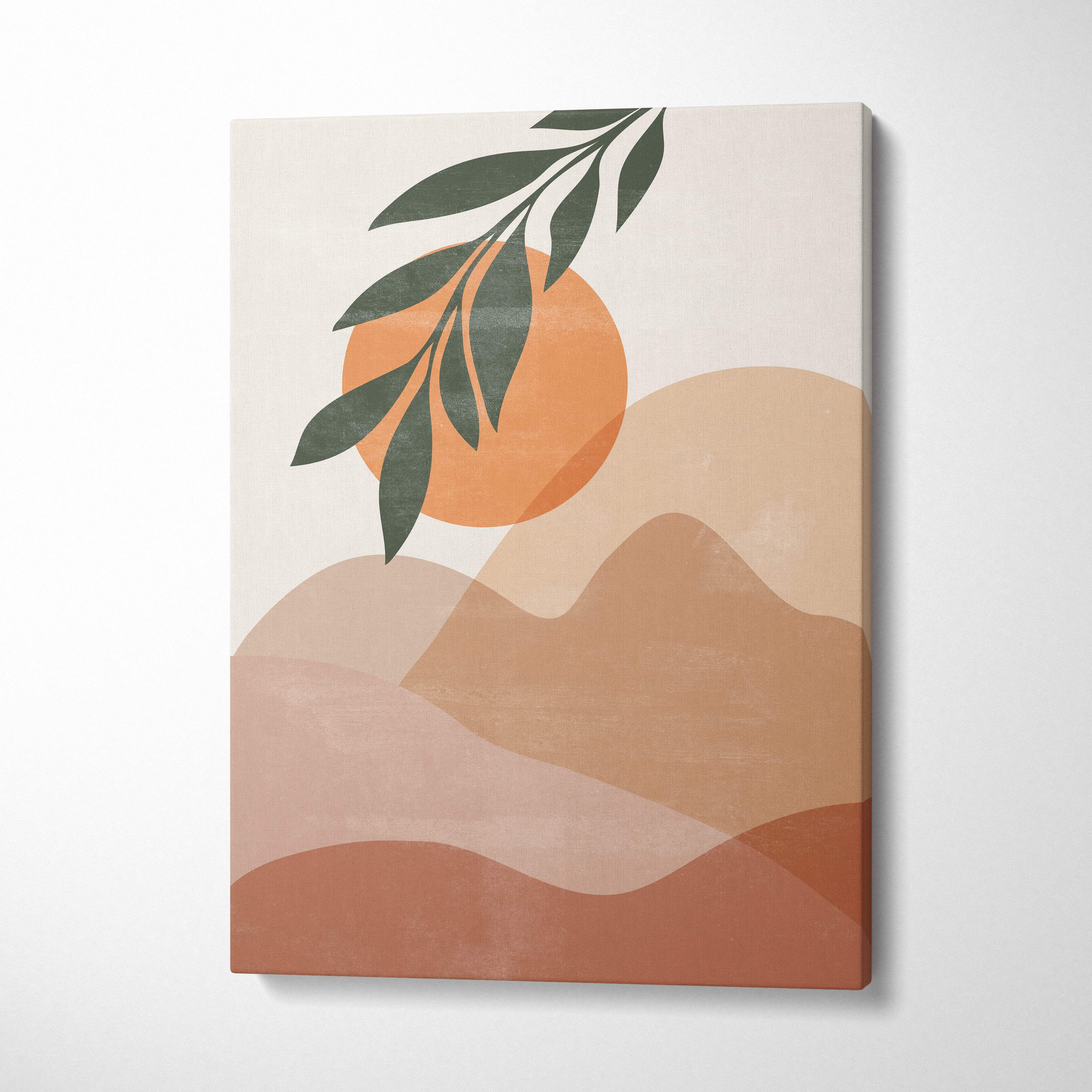 Boho desert landscape wall art with minimalist abstract terracotta hills warm sun and dark green botanical leaves on canvas
