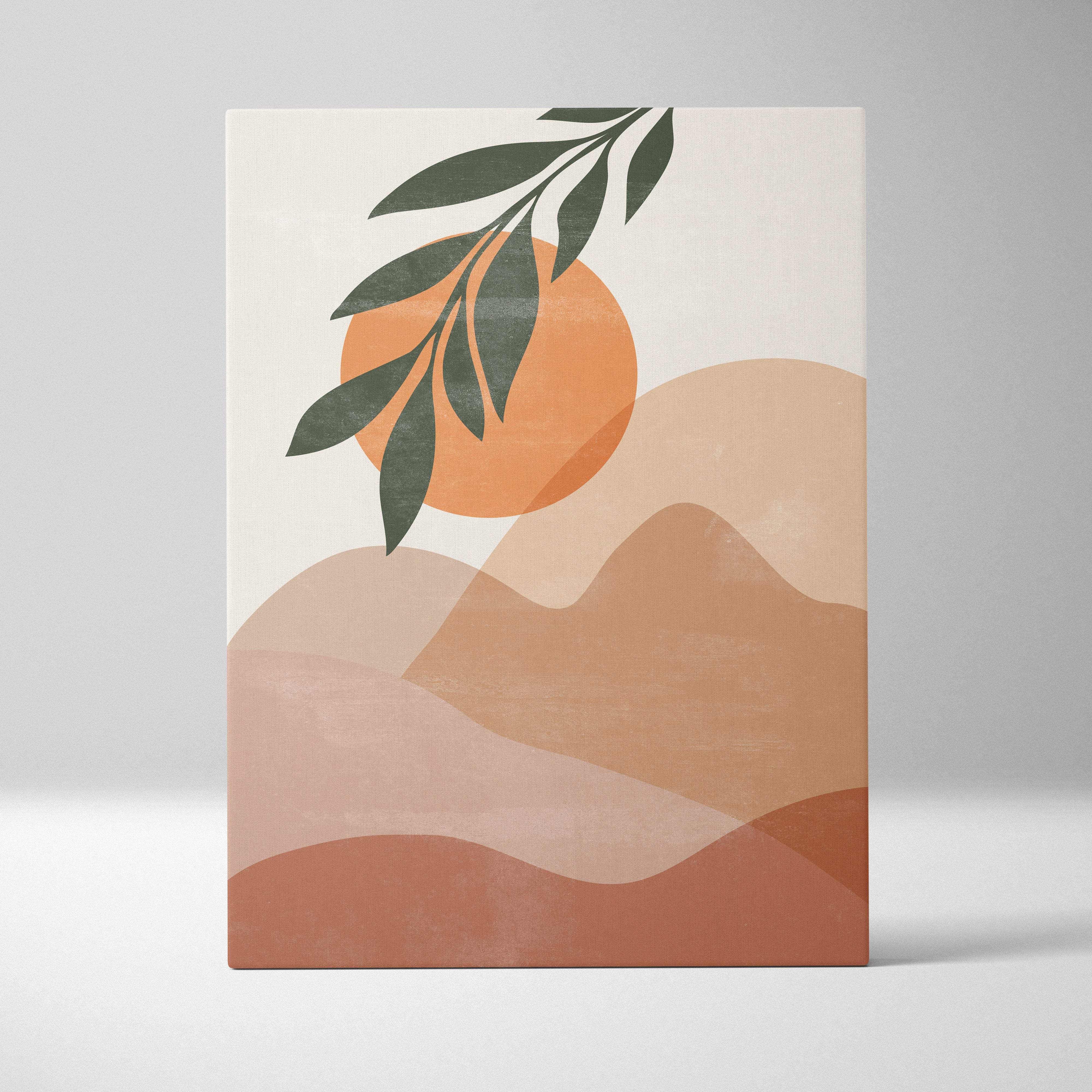 Boho desert landscape wall art minimalist canvas print with terracotta mountains orange sun and green botanical leaves