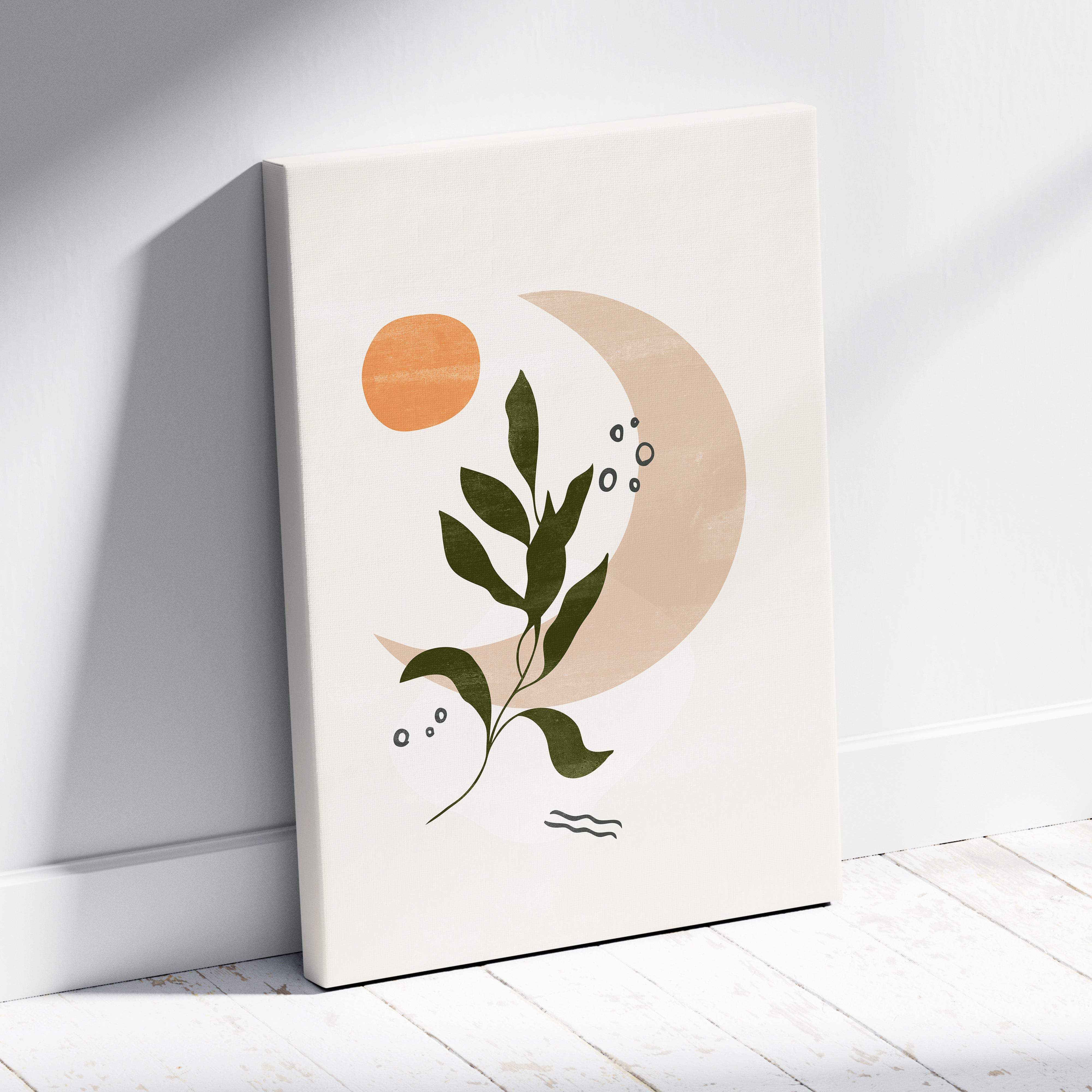 Minimalist boho botanical wall art featuring a stylized dark green leaf branch with orange and beige sun and moon shapes