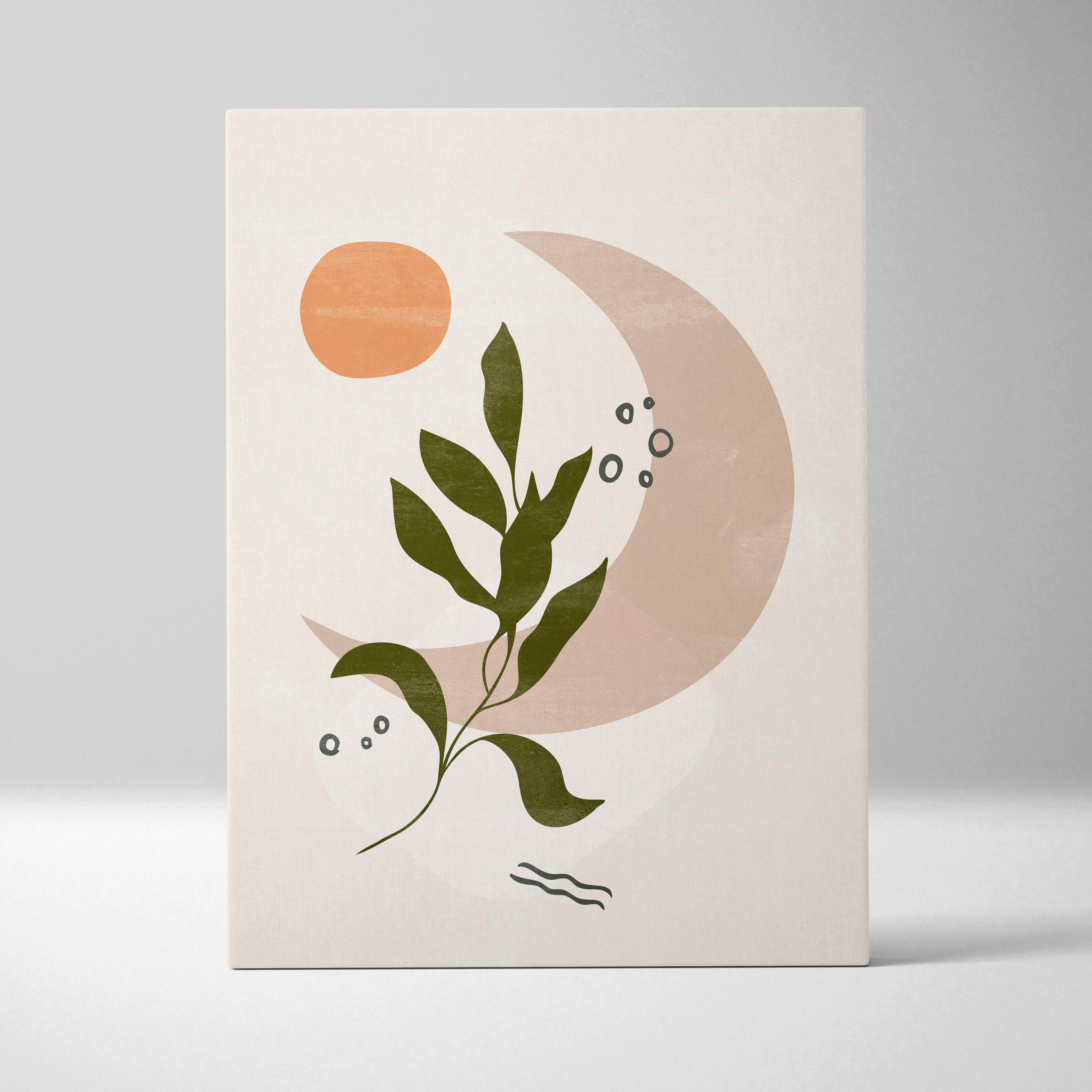Beige canvas print minimalist boho botanical wall art with abstract orange sun pink crescent moon and olive green leaves
