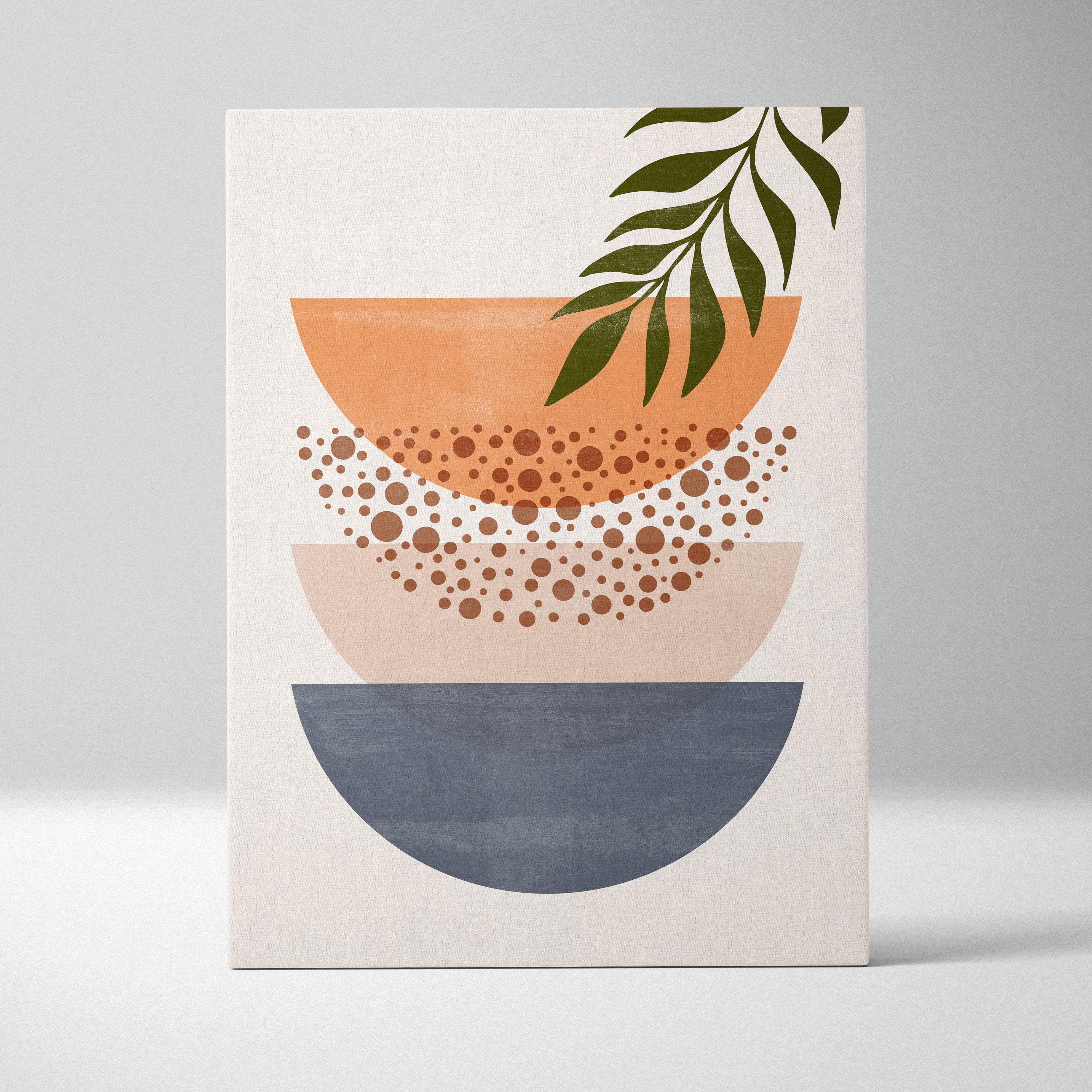 Modern abstract canvas print featuring stacked semi-circular terracotta blush pink and slate gray bowls with dotted textures