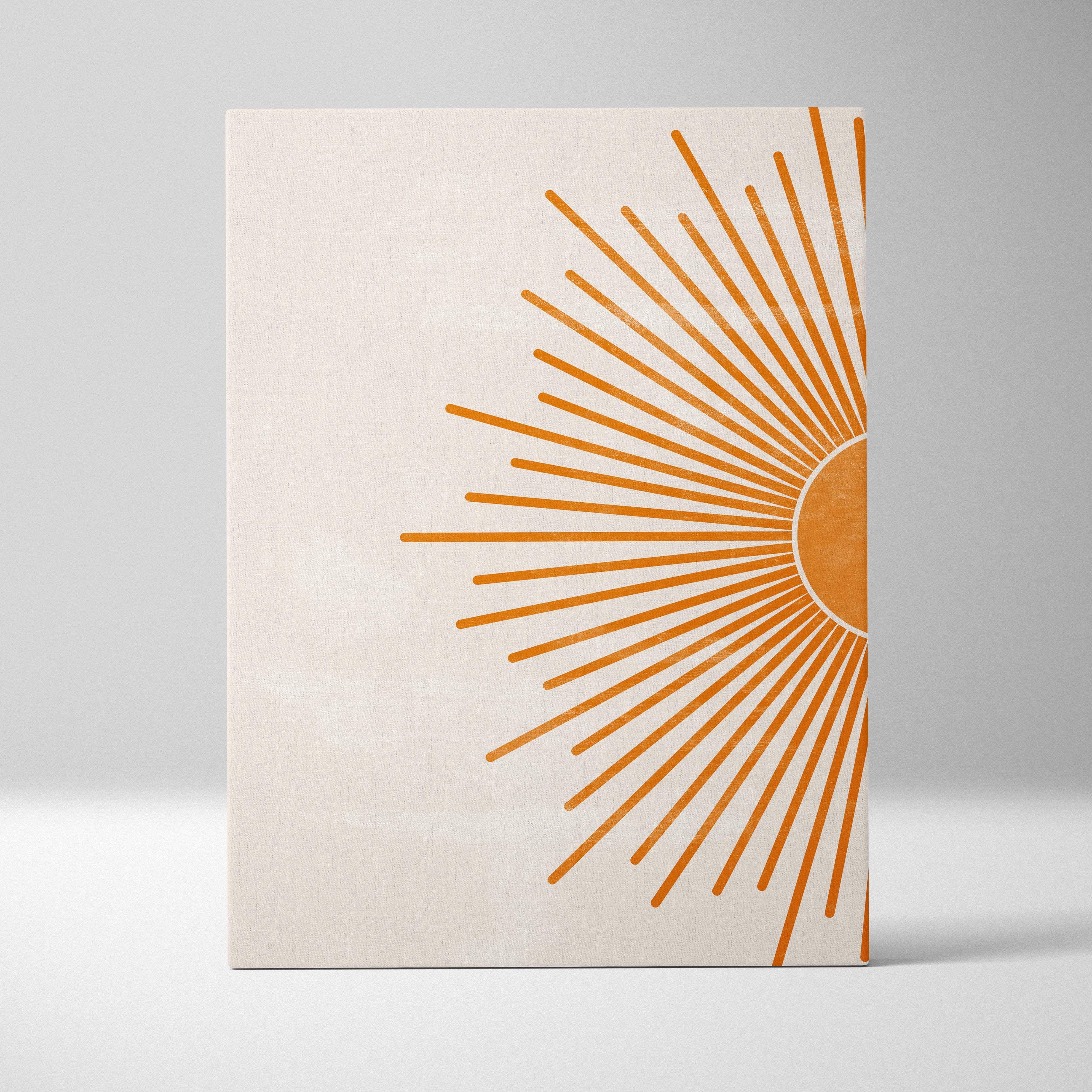Cream-colored canvas minimalist sunburst wall art with stylized orange sunburst in warm terracotta for modern decor