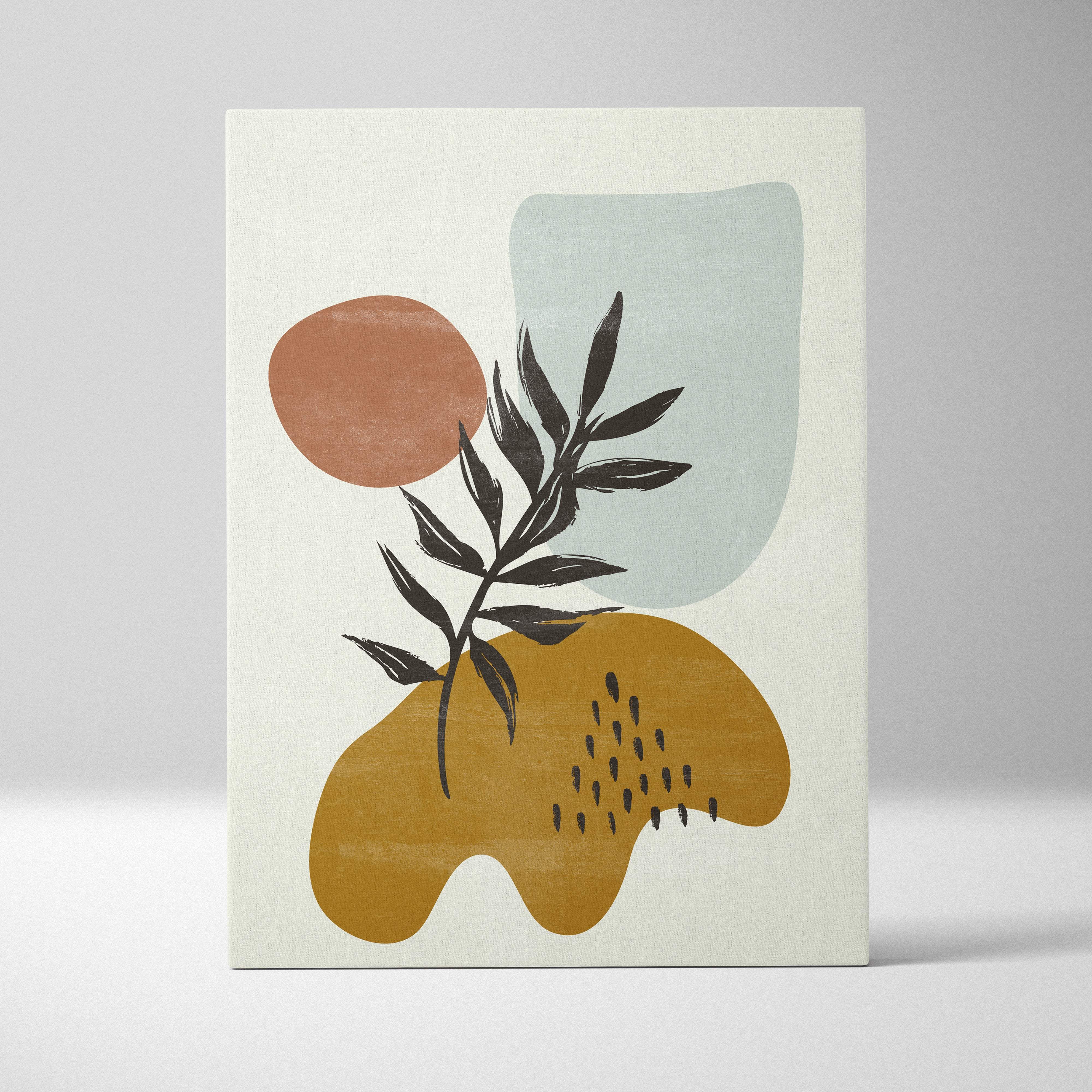 Modern abstract canvas print featuring a black leafy branch with terracotta mustard and sage green geometric shapes