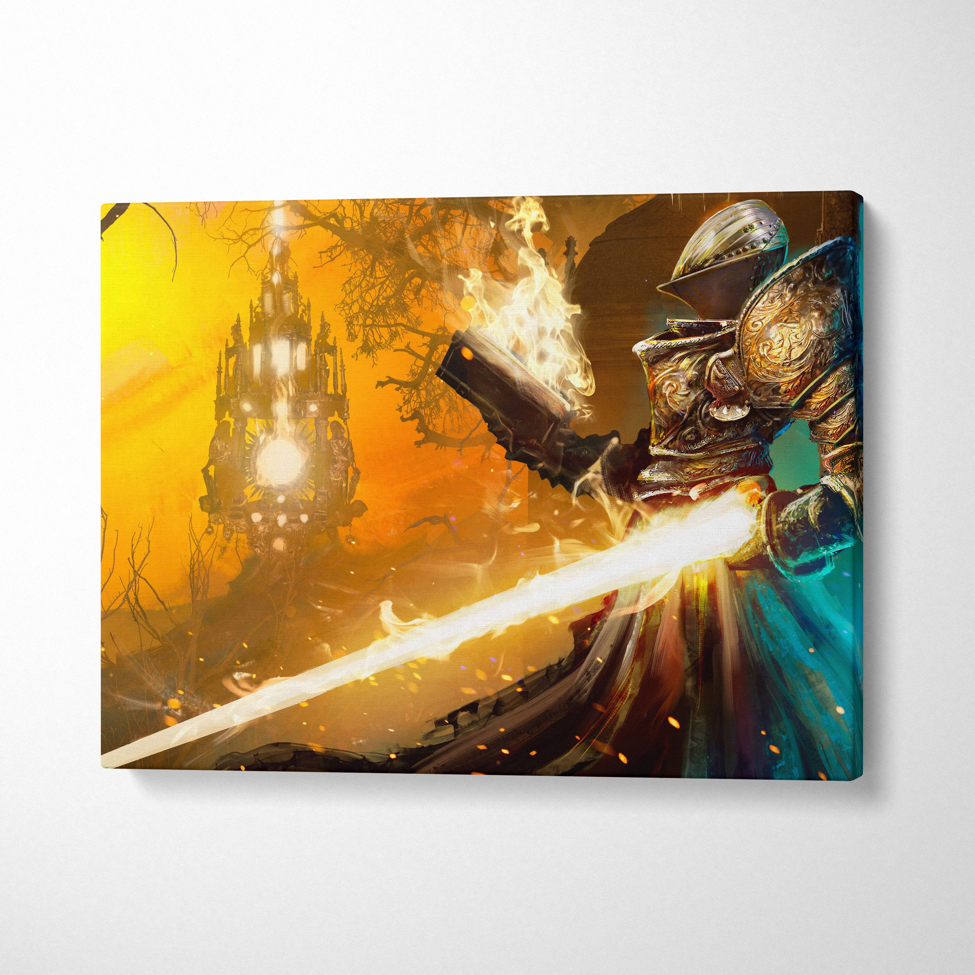 Golden knight warrior canvas wall art with vibrant orange and blue fantasy battle scene and glowing sword design