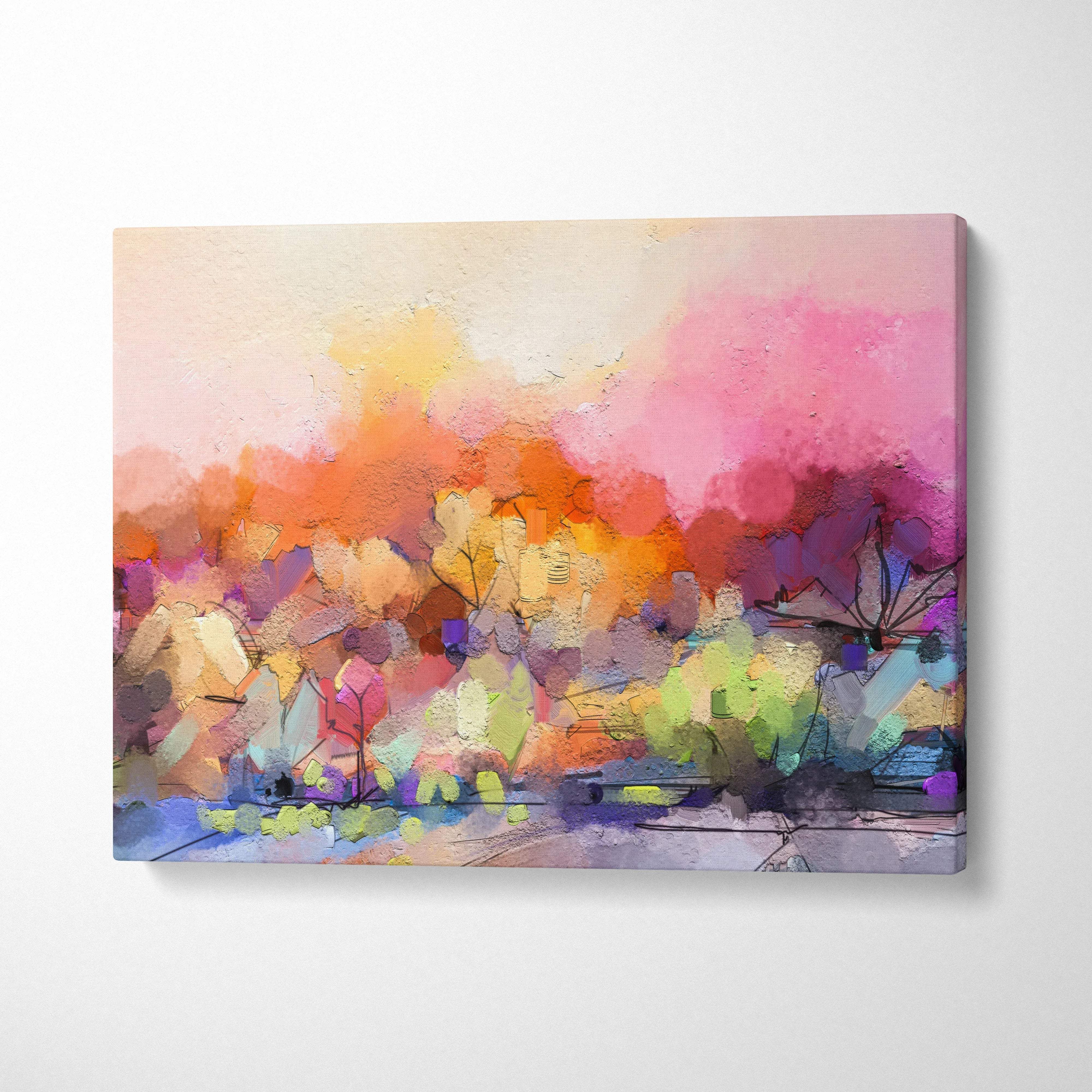 Vibrant abstract landscape impasto canvas art in pink orange purple hues