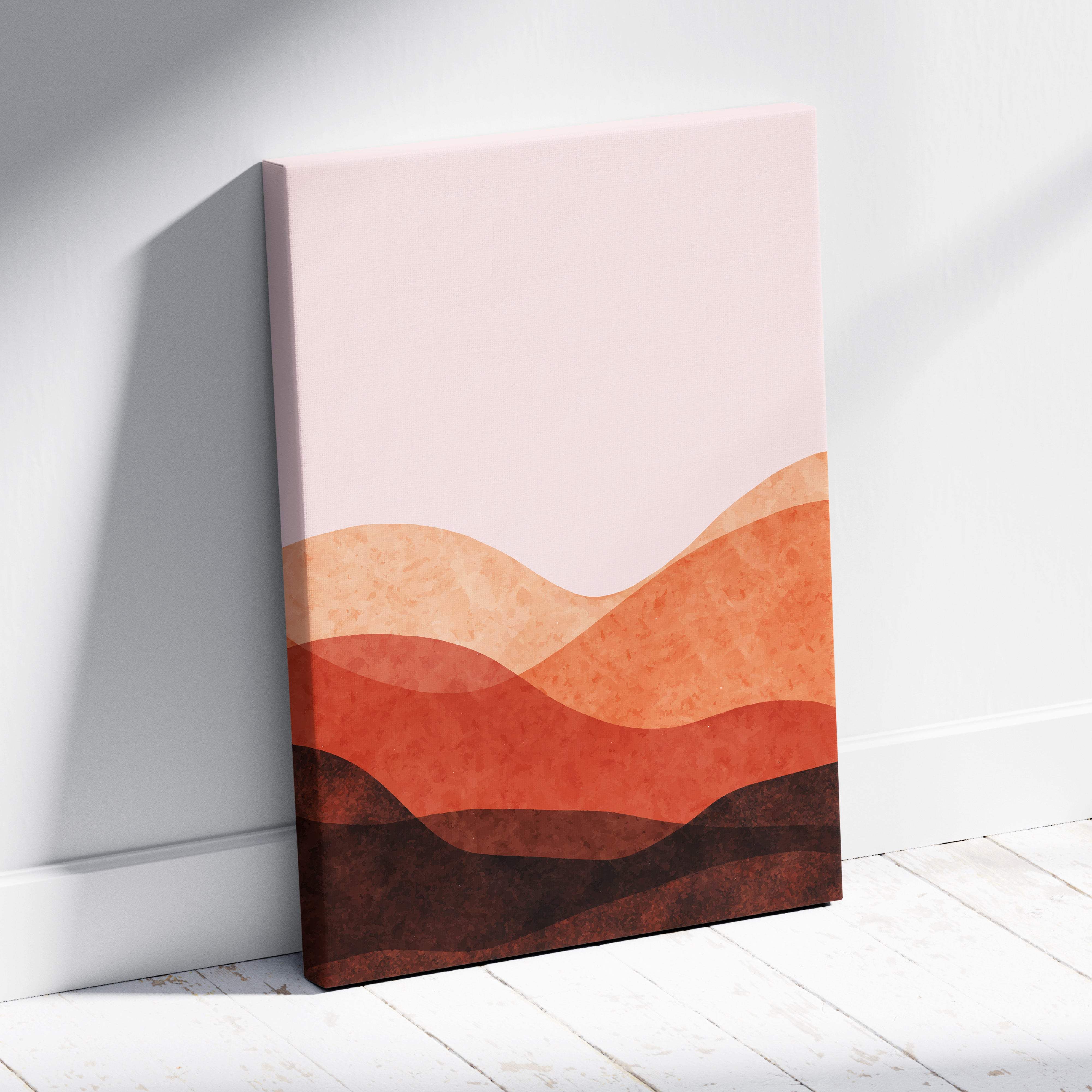 A minimalist canvas print of layered peach terracotta and deep brown hills abstract desert landscape wall art