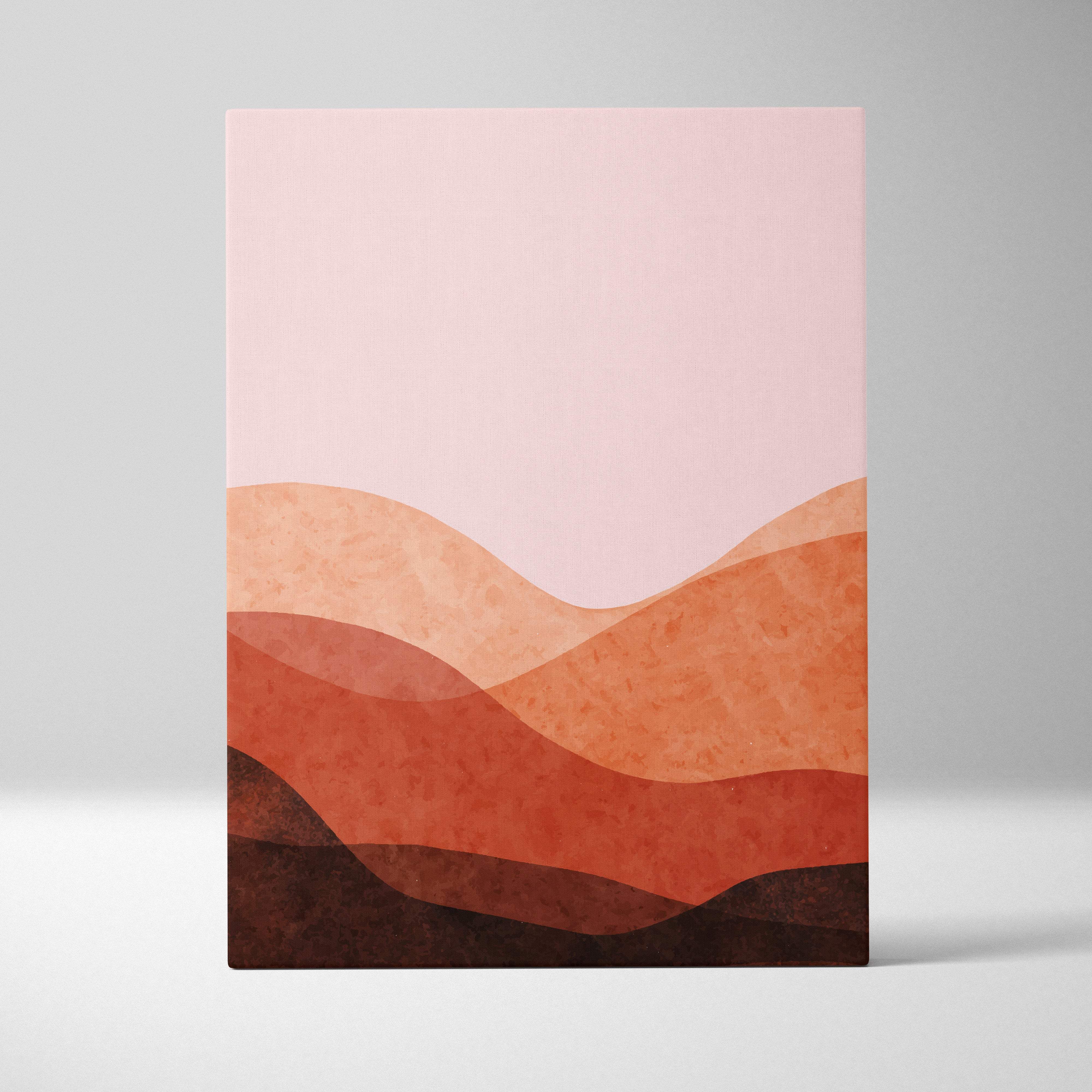 Abstract desert landscape wall art featuring layered wavy hills in pink orange and brown tones for modern decor