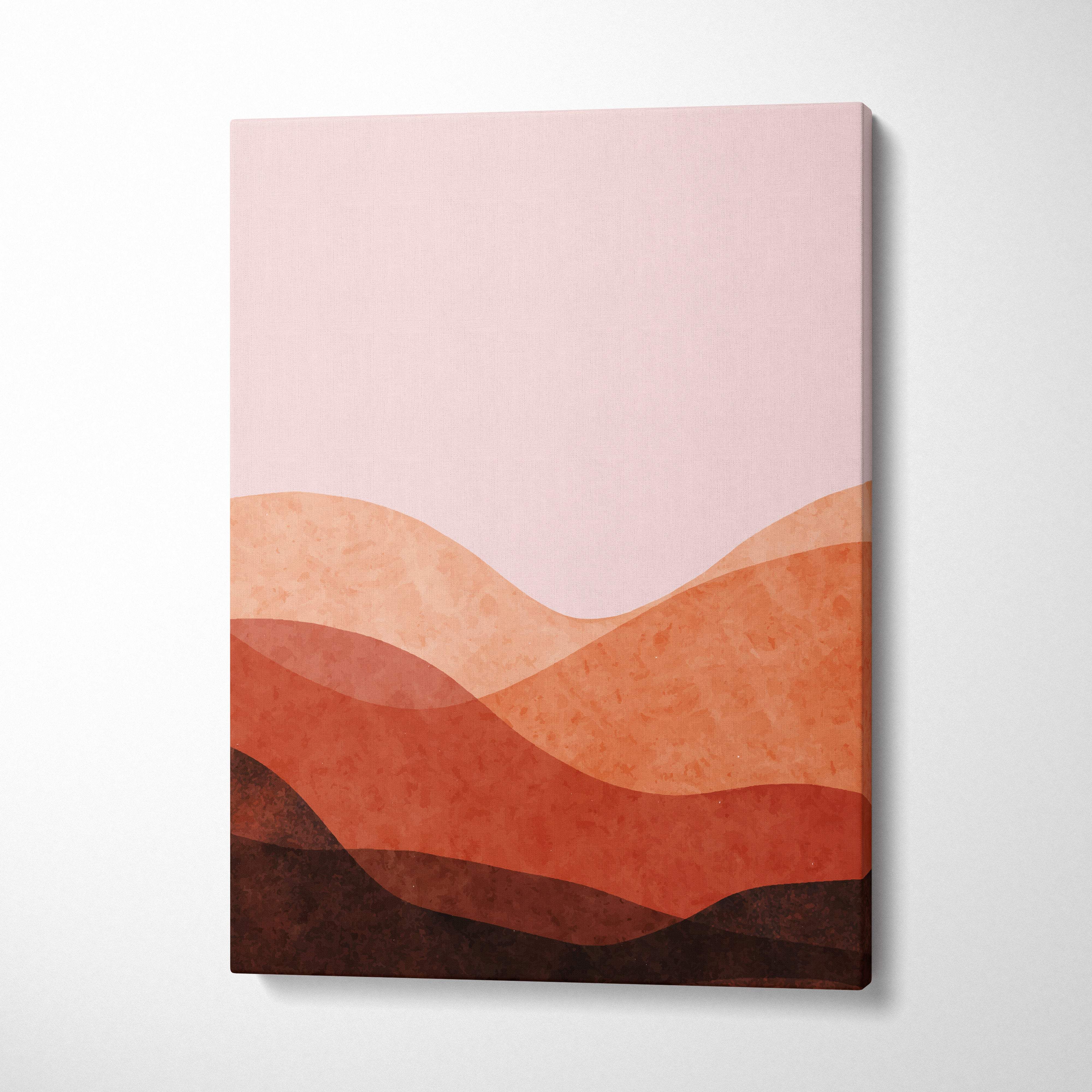 Abstract desert landscape wall art with layered wavy bands of soft pink terracotta and deep brown in textured minimalist boho style