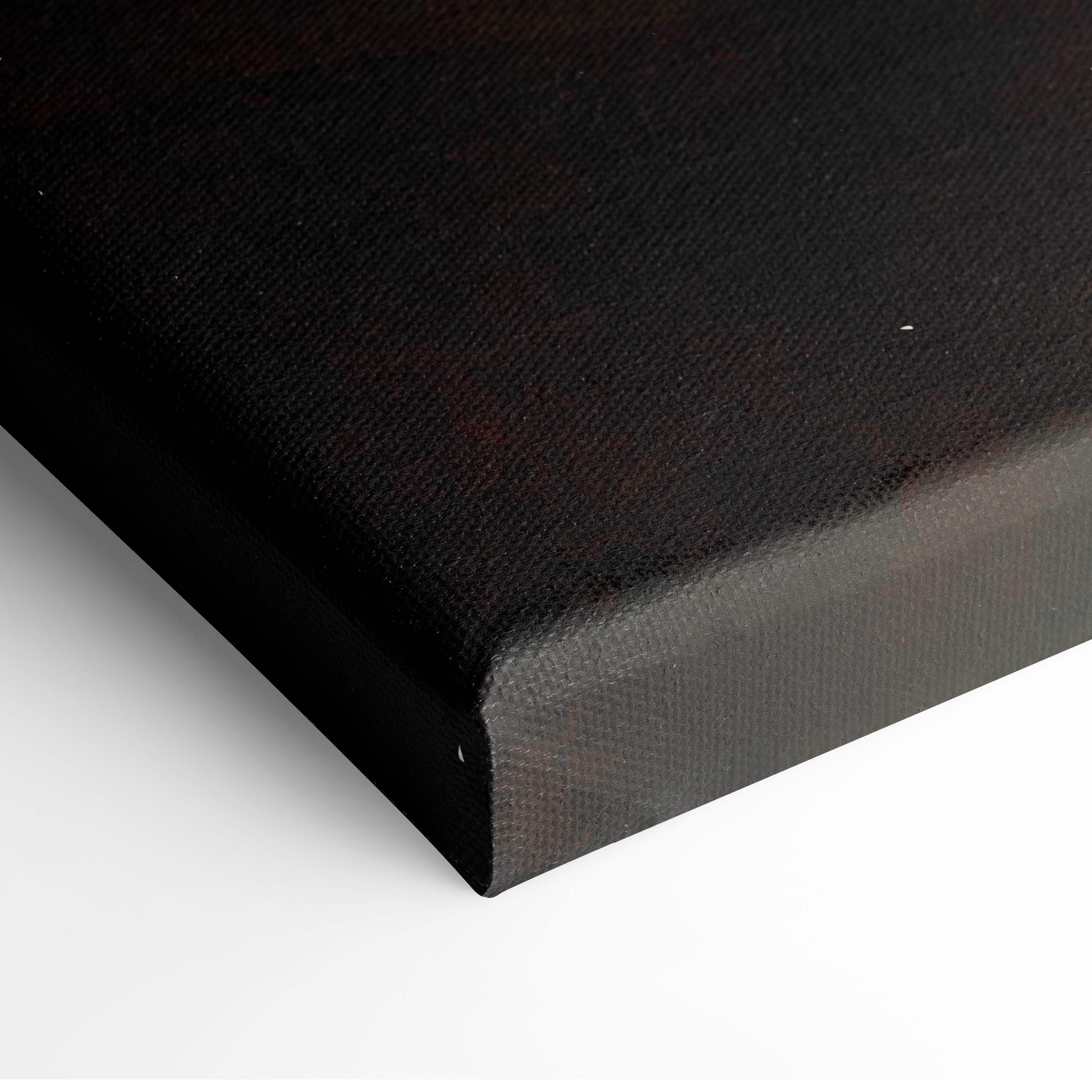 Black canvas with textured surface and visible weave in abstract mountain landscape wall art with earth tone hills