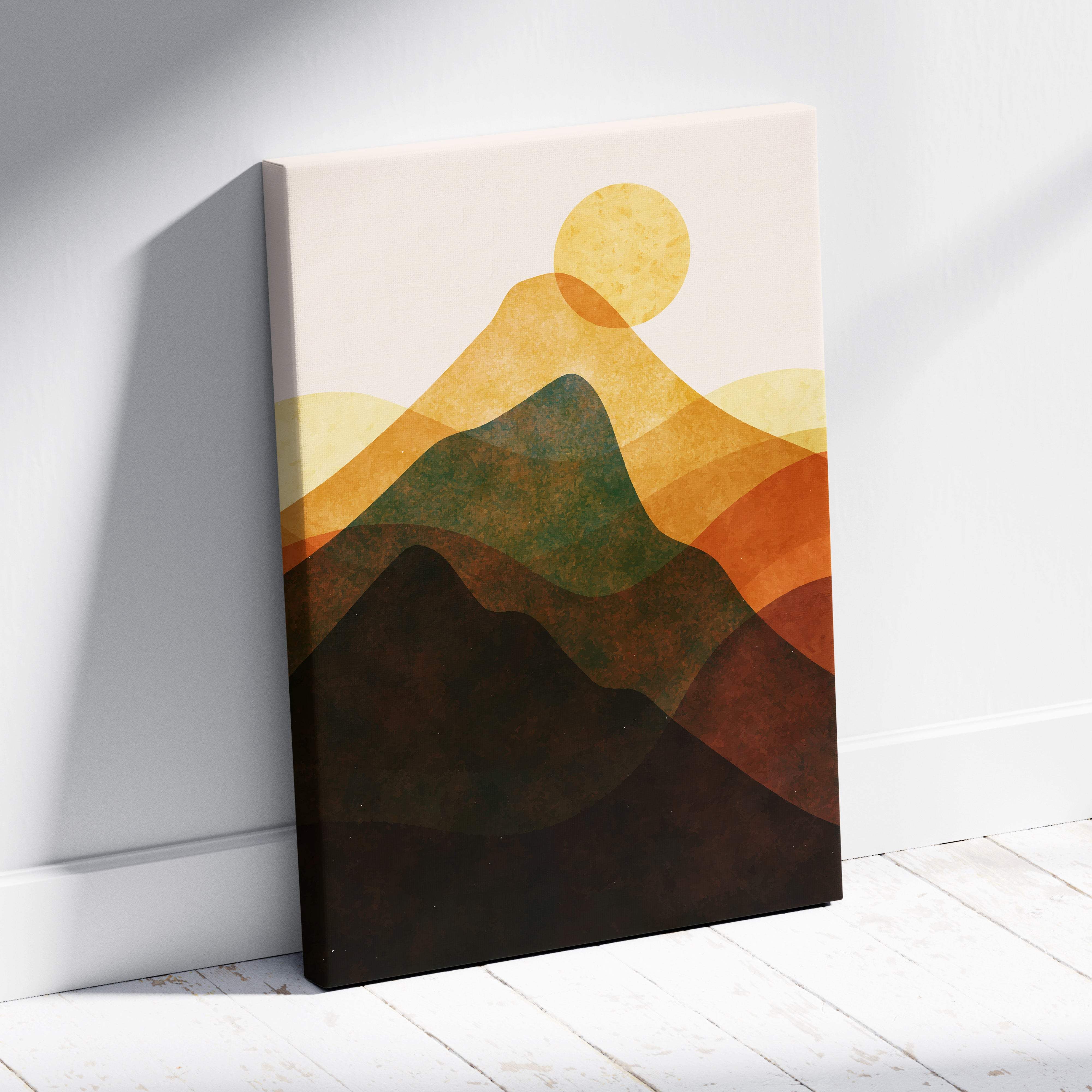 Abstract mountain landscape wall art featuring layered earthy green orange and brown hills beneath a soft yellow sun