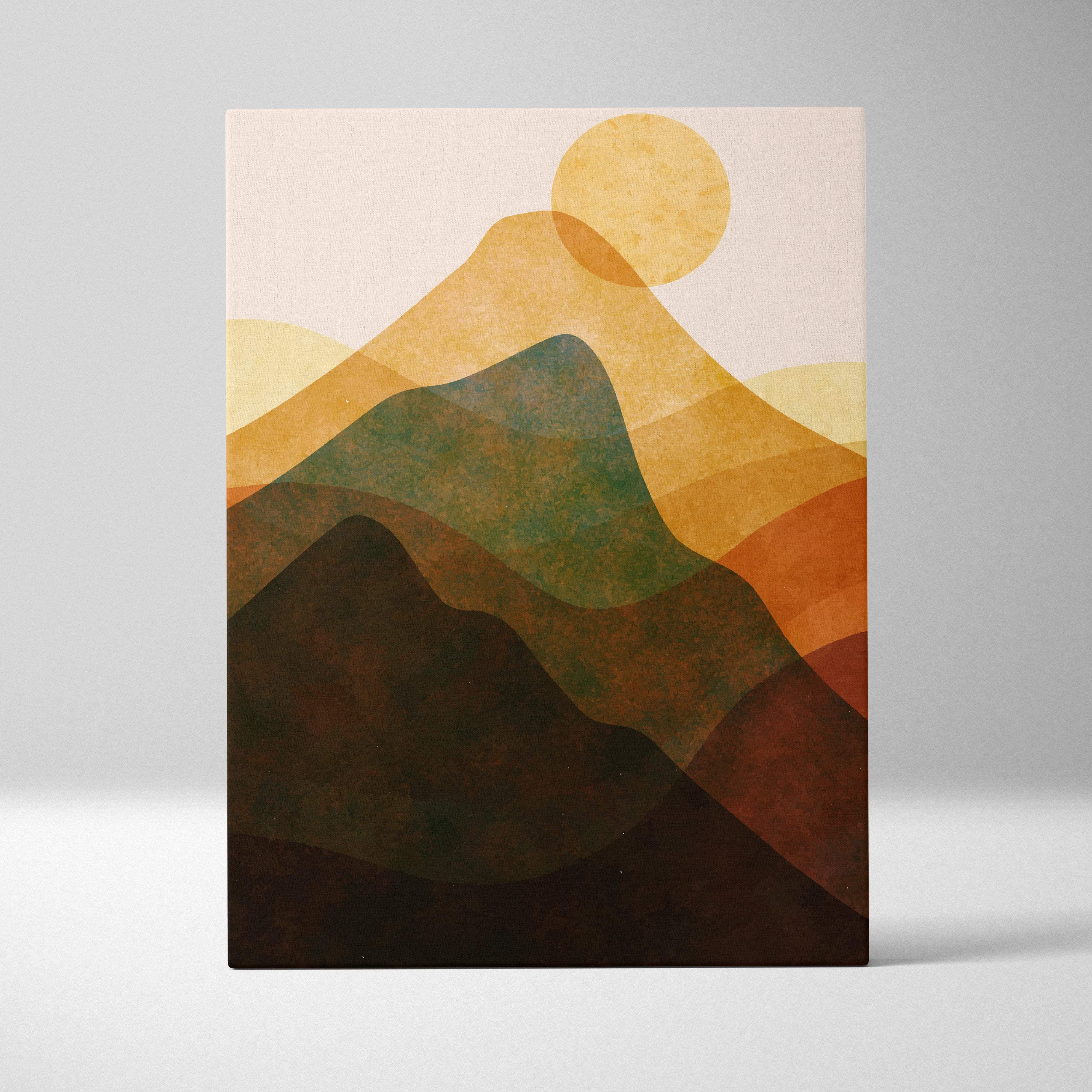 Abstract mountain landscape wall art print with layered earth tone hills and warm sun for modern home decor