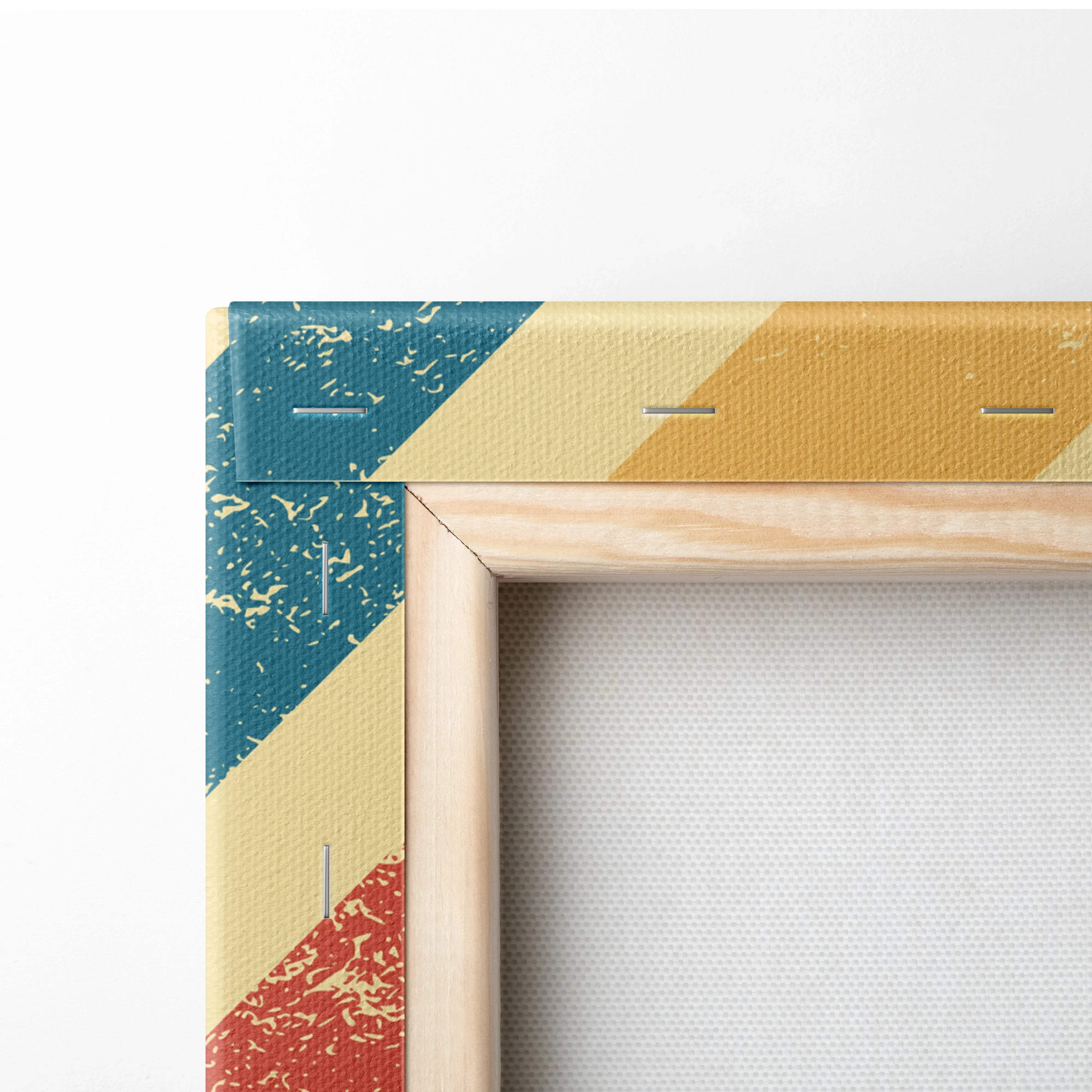 Retro geometric chevron canvas wall art in teal, mustard, red, distressed texture
