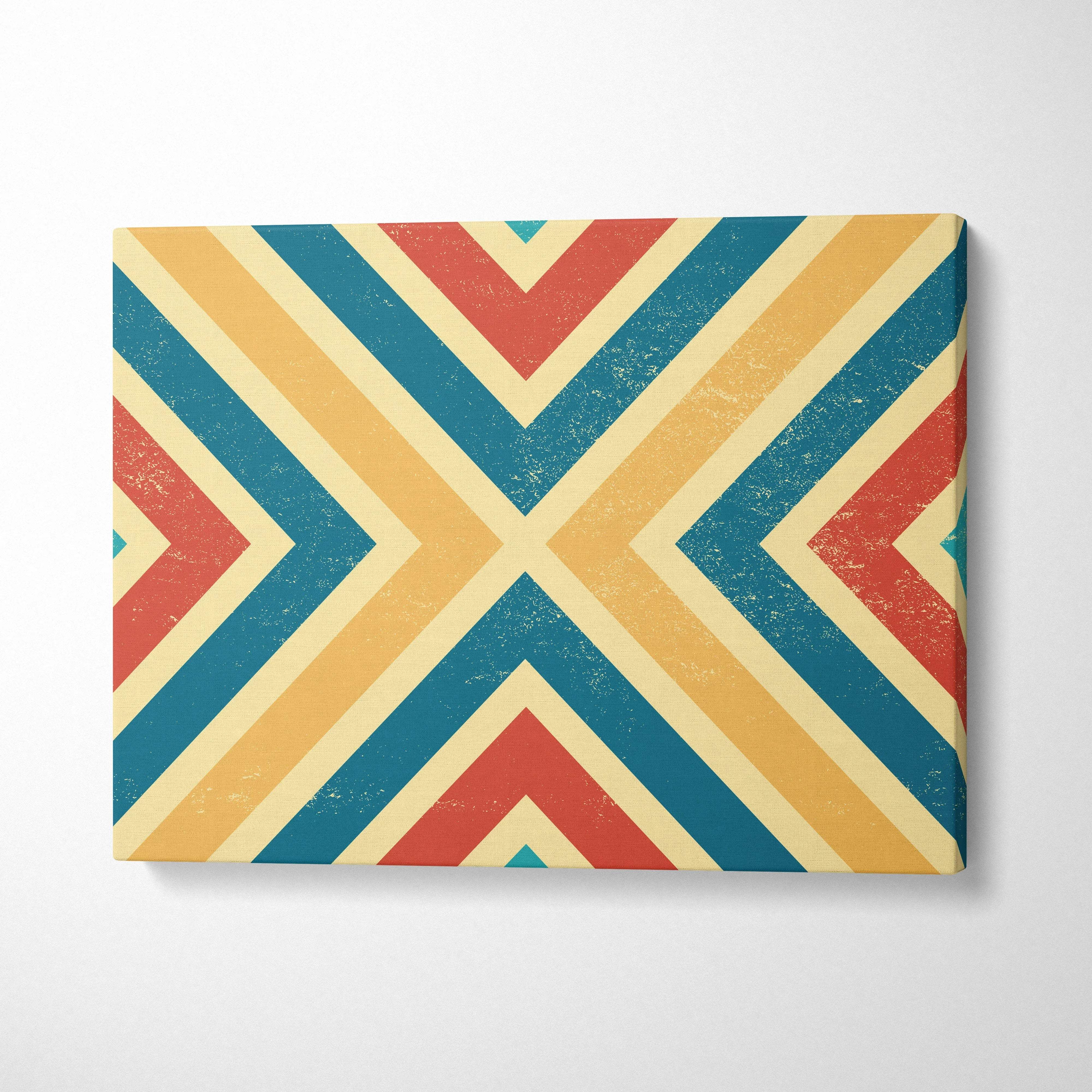 Retro chevron canvas wall art in teal, mustard, red with distressed texture