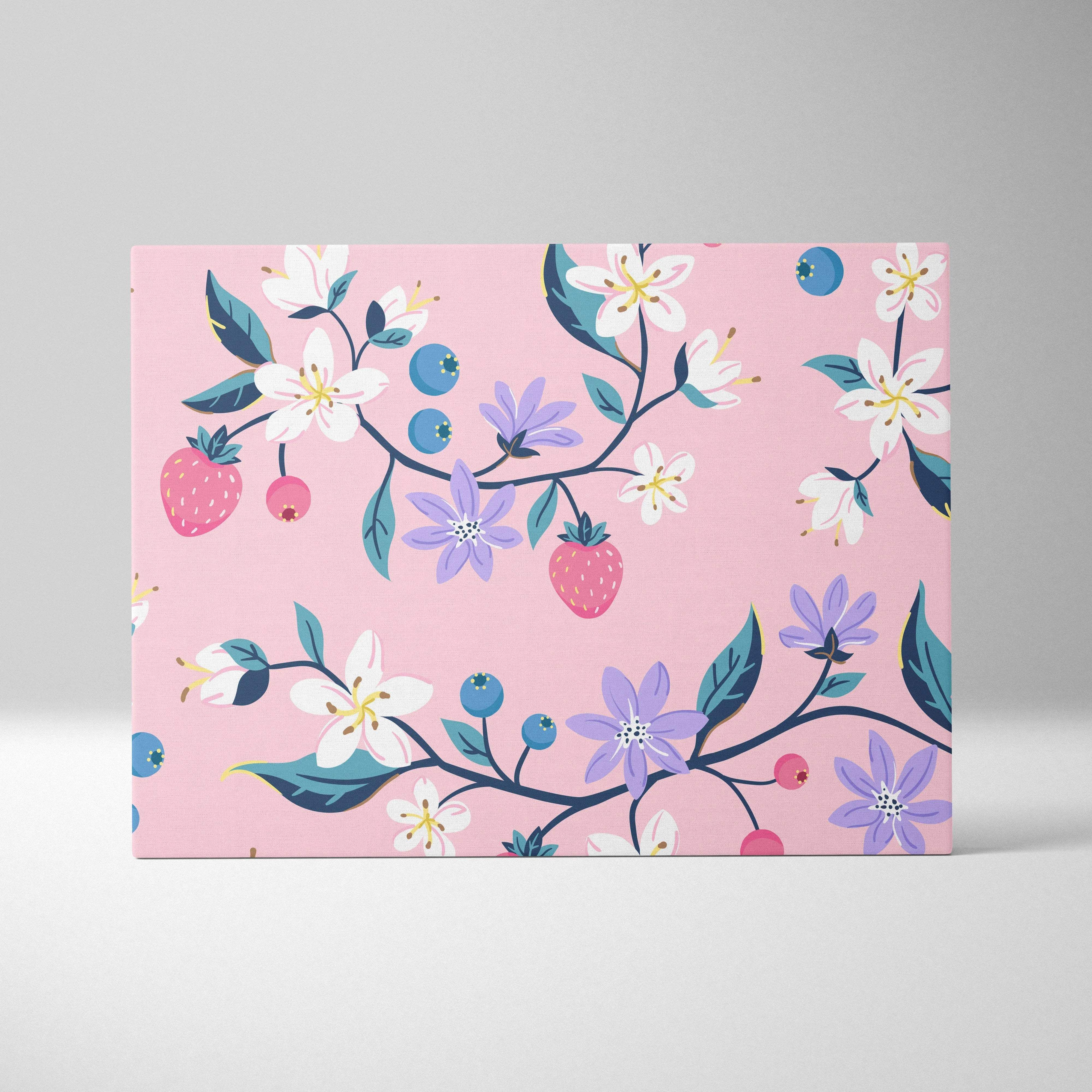 Pink lavender teal floral strawberry pattern canvas wall art