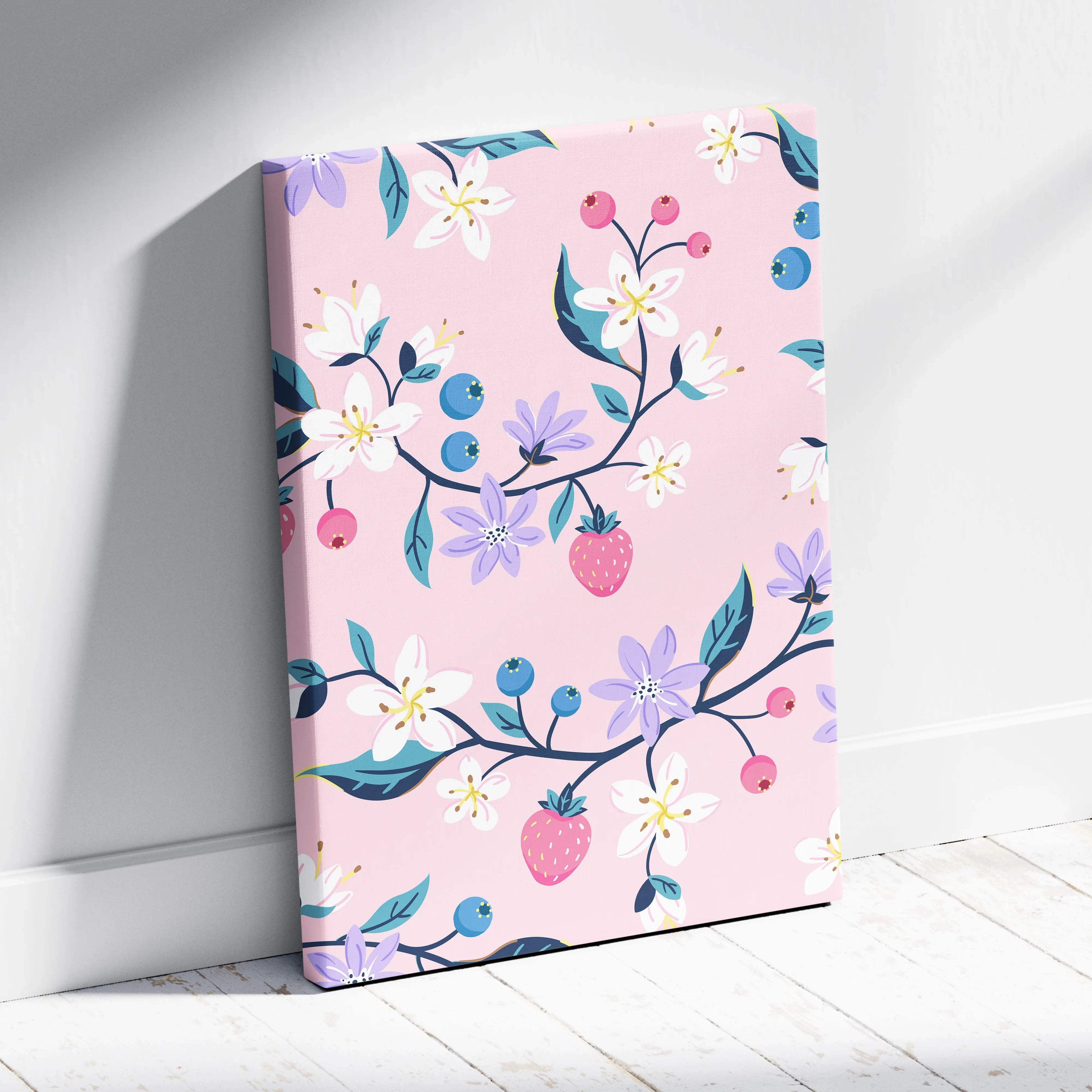 Pink pastel canvas wall art with floral strawberries blossoms berries
