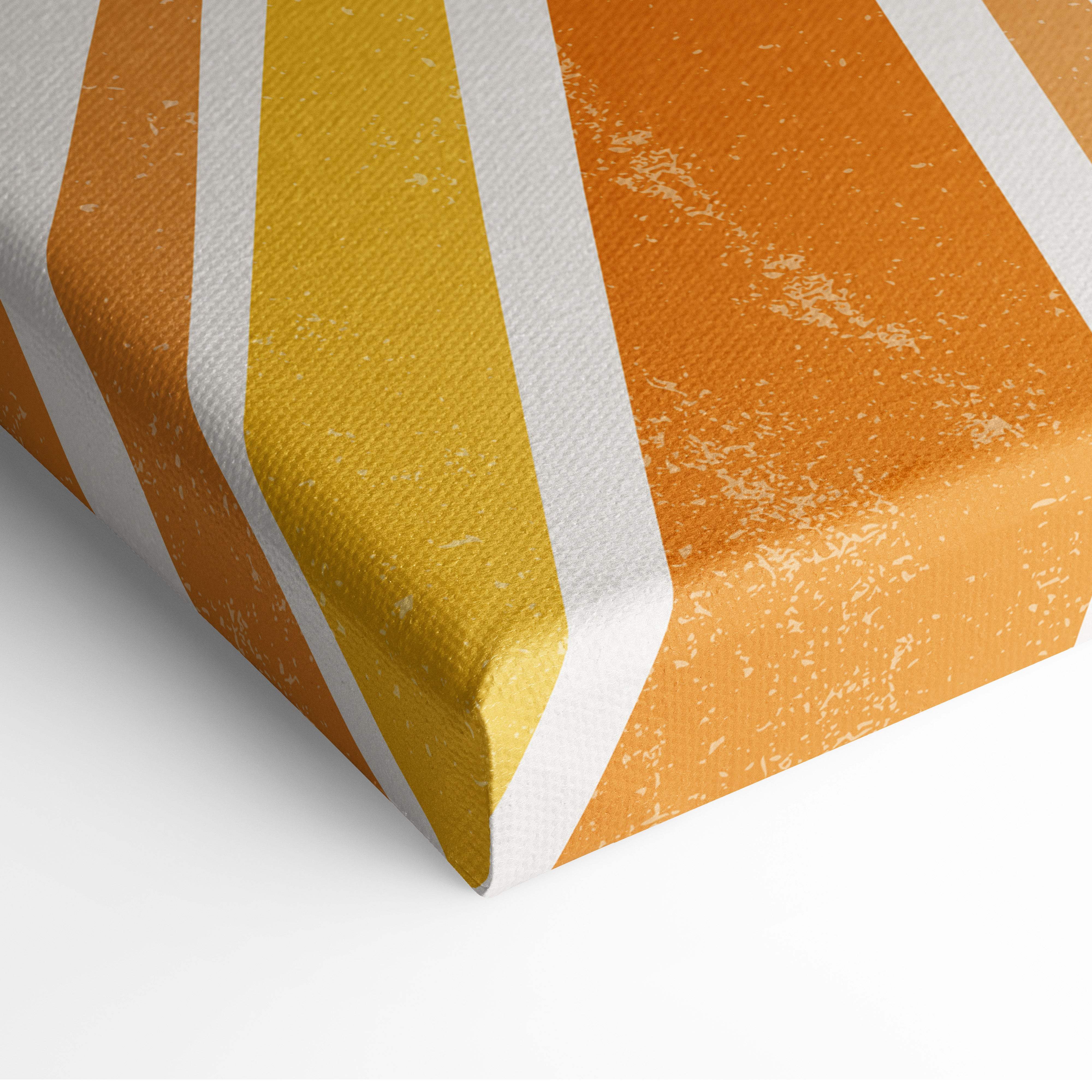 A vintage sunburst canvas print with bold orange and mustard diagonal stripes and a textured distressed finish