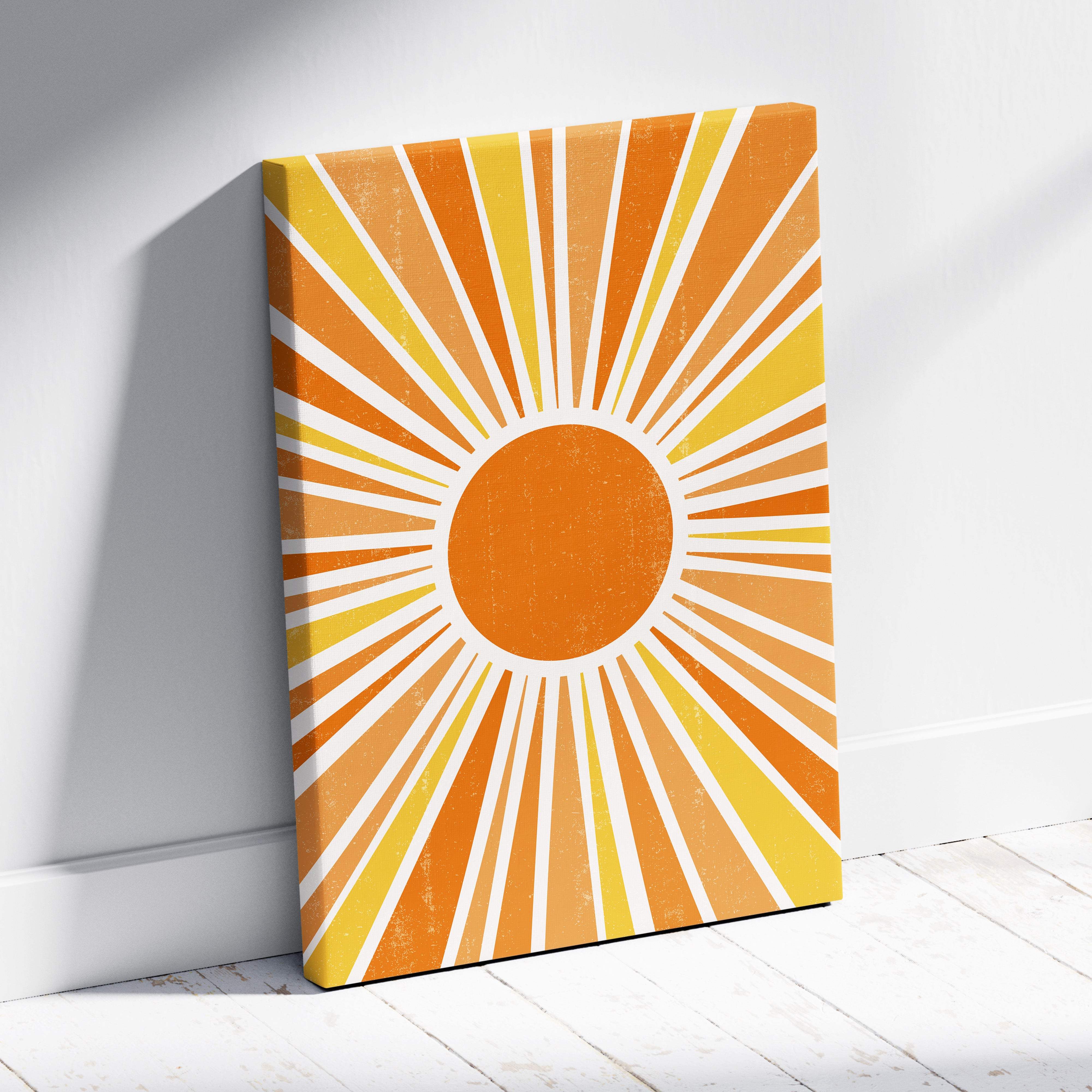 Vintage sunburst wall art canvas print with retro orange mustard sunburst design on textured fabric surface
