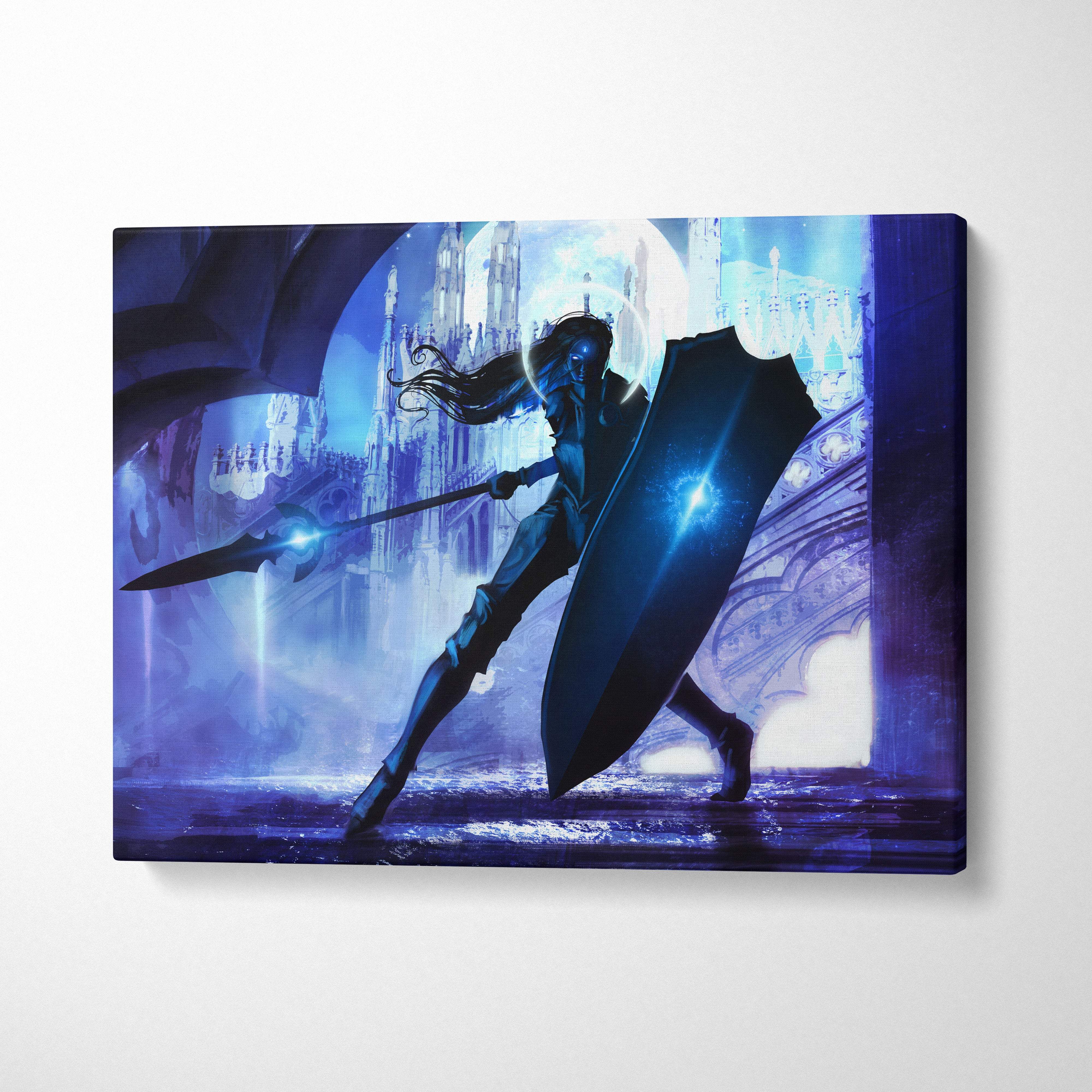 Dark blue fantasy canvas wall art featuring a silhouetted warrior with glowing spear and shield in a gothic cathedral background