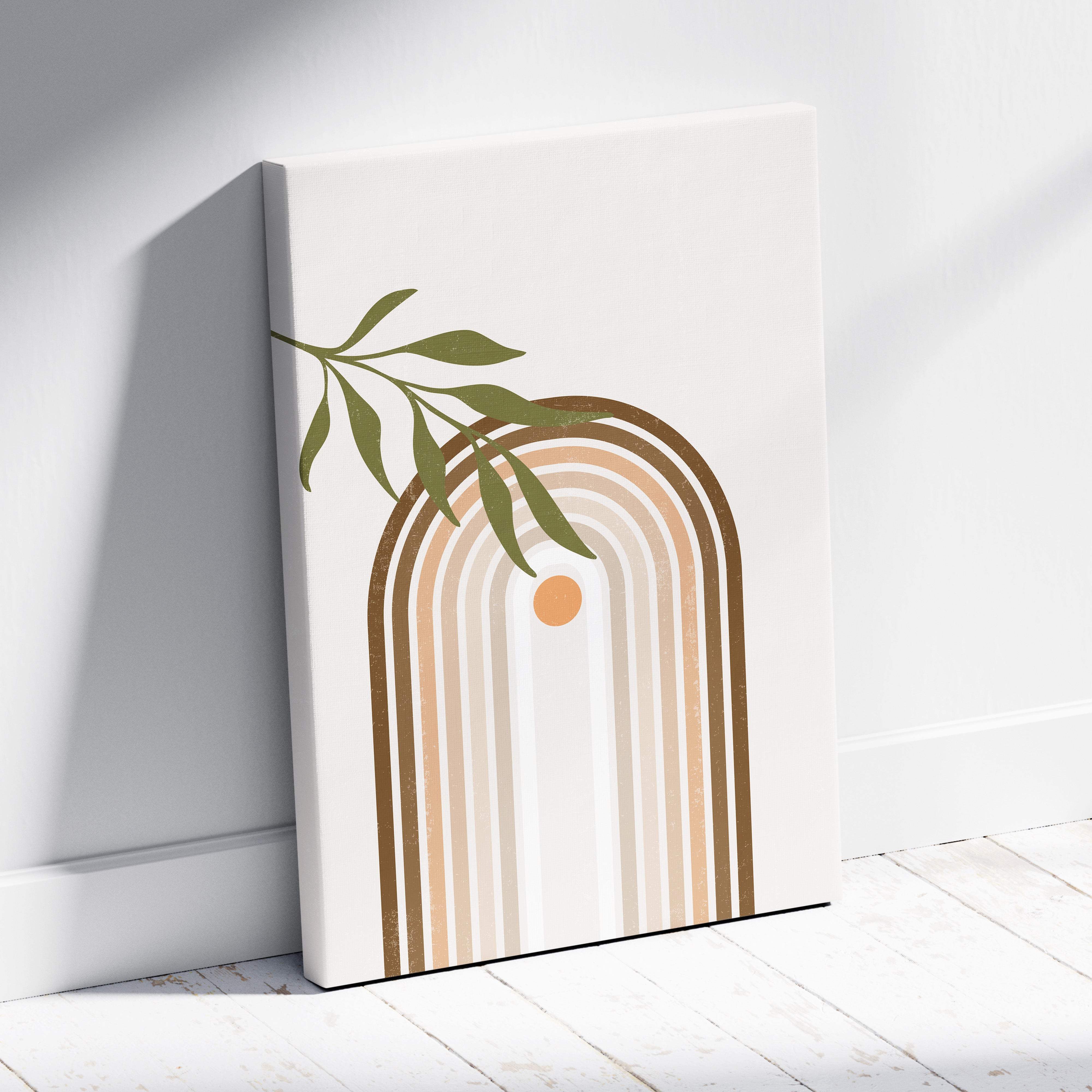 Boho rainbow arch wall art with earthy tones green leaves and orange circle minimalist canvas print on white wall