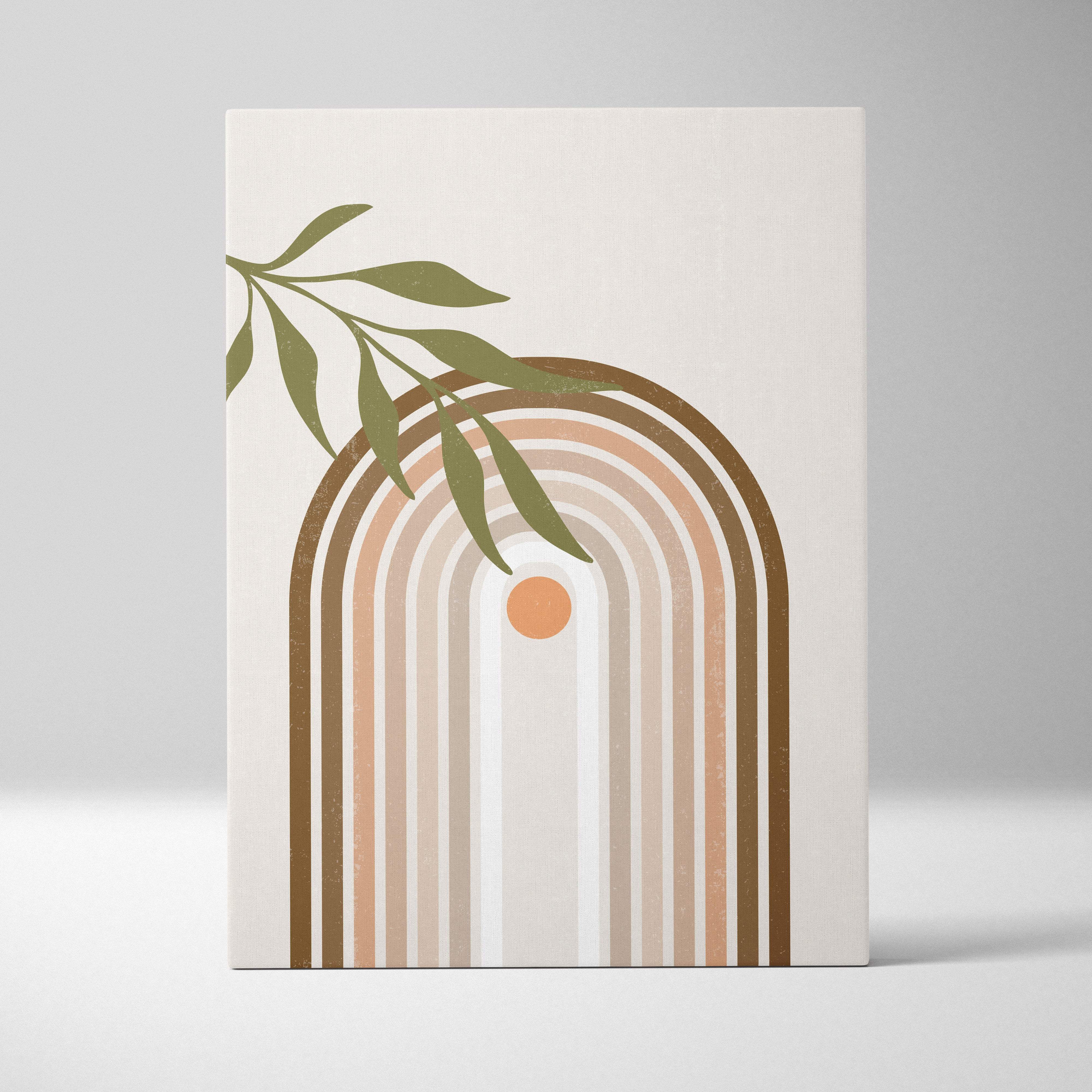 Boho rainbow arch wall art featuring a minimalist canvas print with earthy beige tan and brown tones and botanical leaves