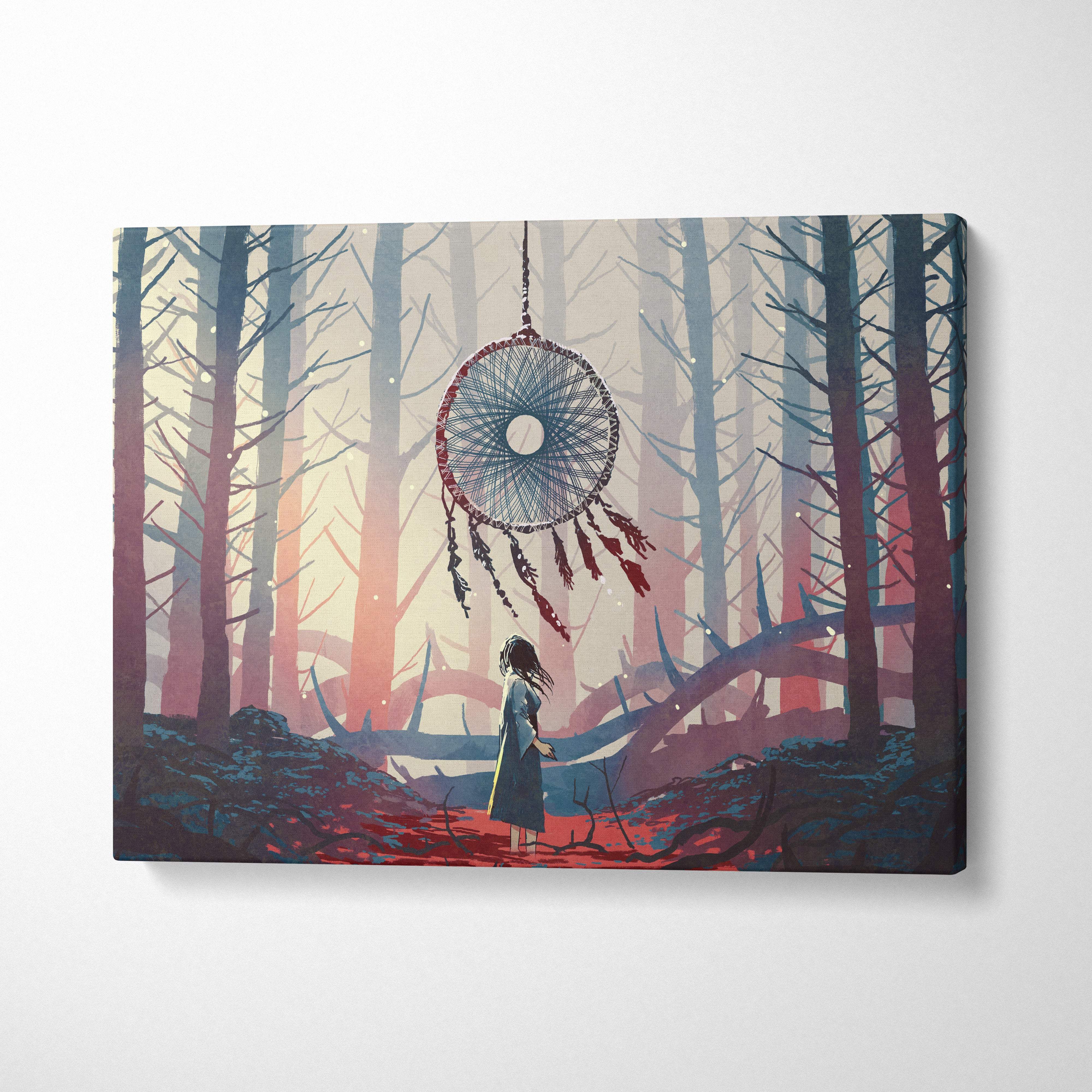 Dreamcatcher forest canvas print featuring a circular woven frame with red and black feathers in a blue red mystical forest