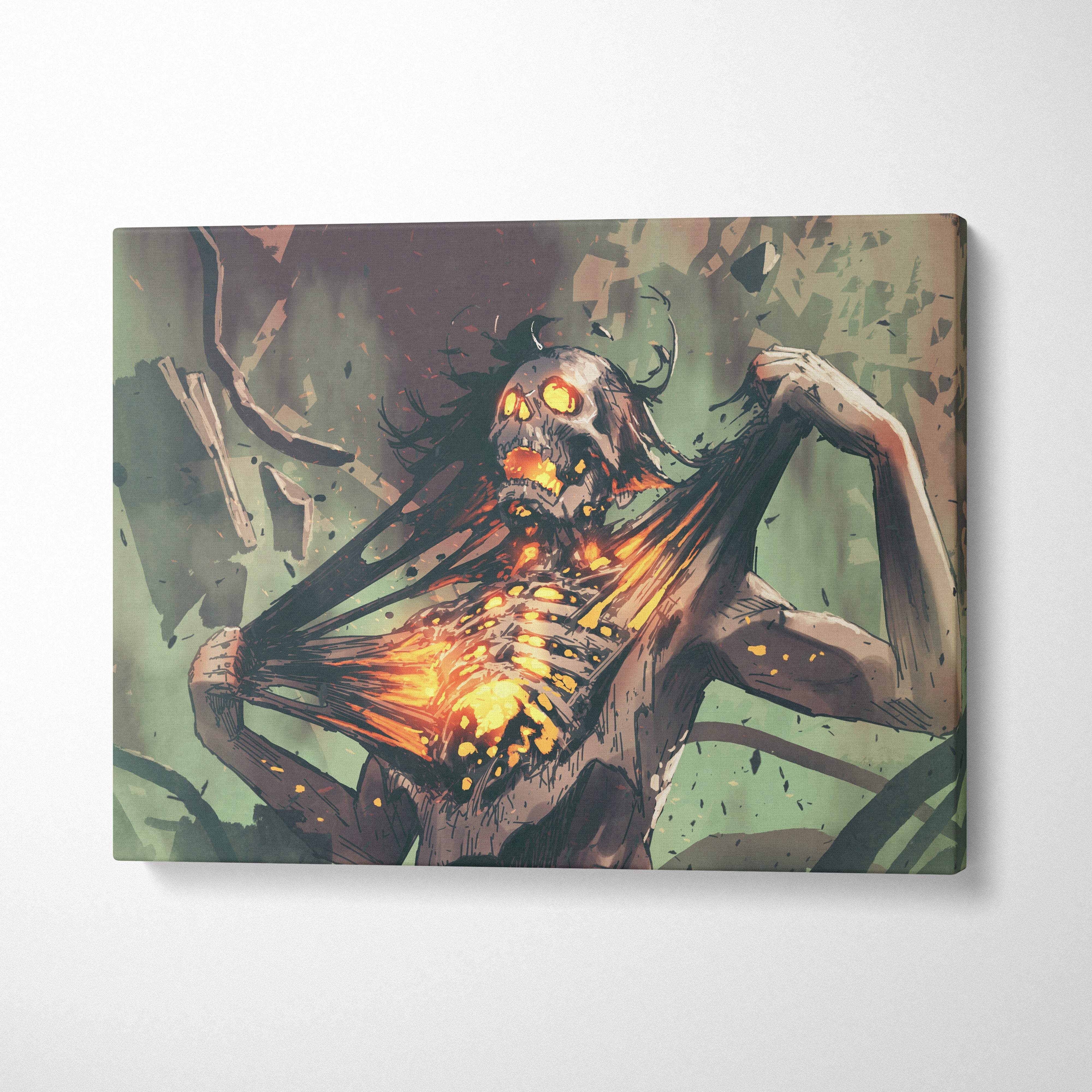 Burning skeleton horror canvas wall art featuring a grotesque skeletal figure with glowing orange eyes and fiery chest