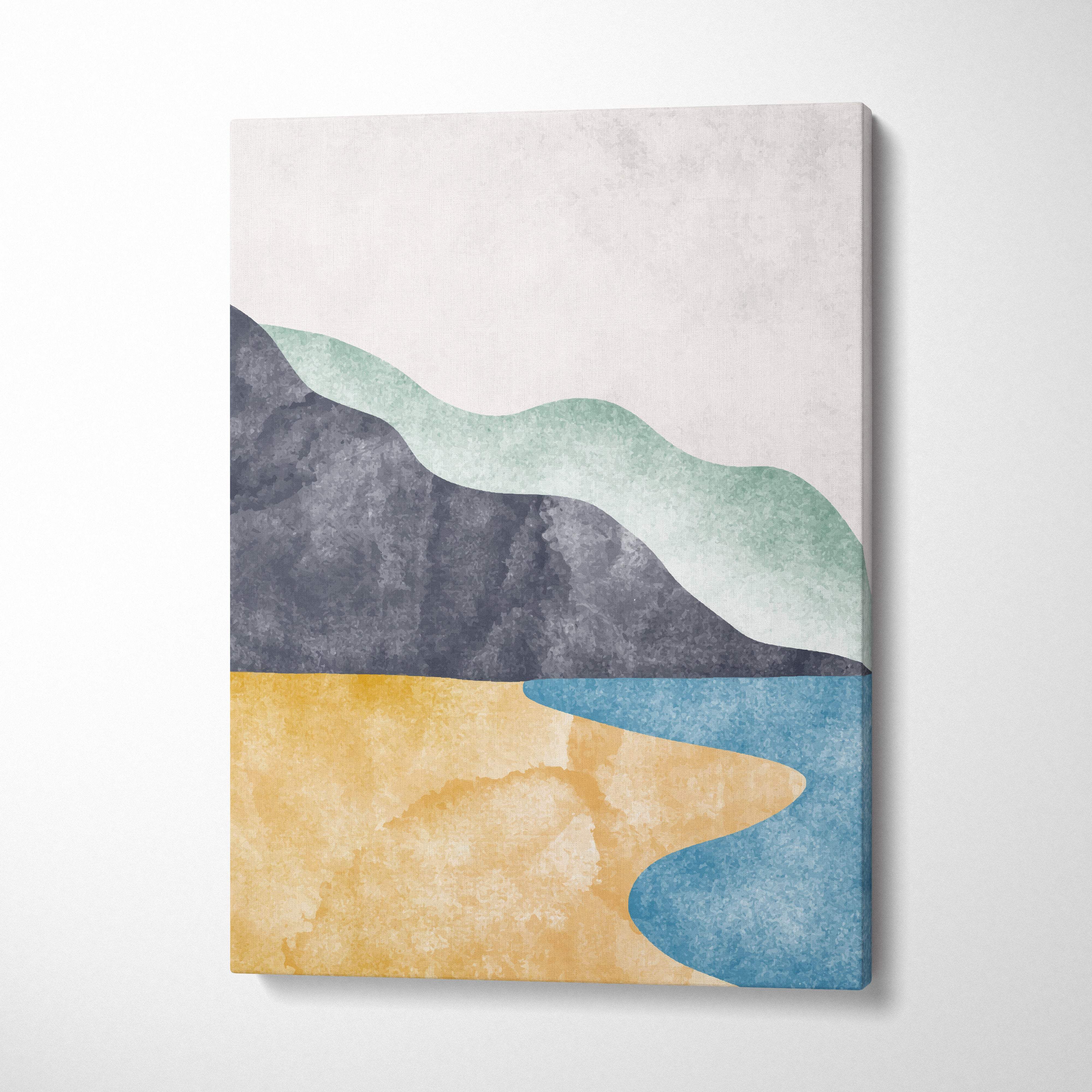 Abstract coastal landscape wall art featuring layered wavy shapes in muted gray mint green ochre and blue watercolor tones