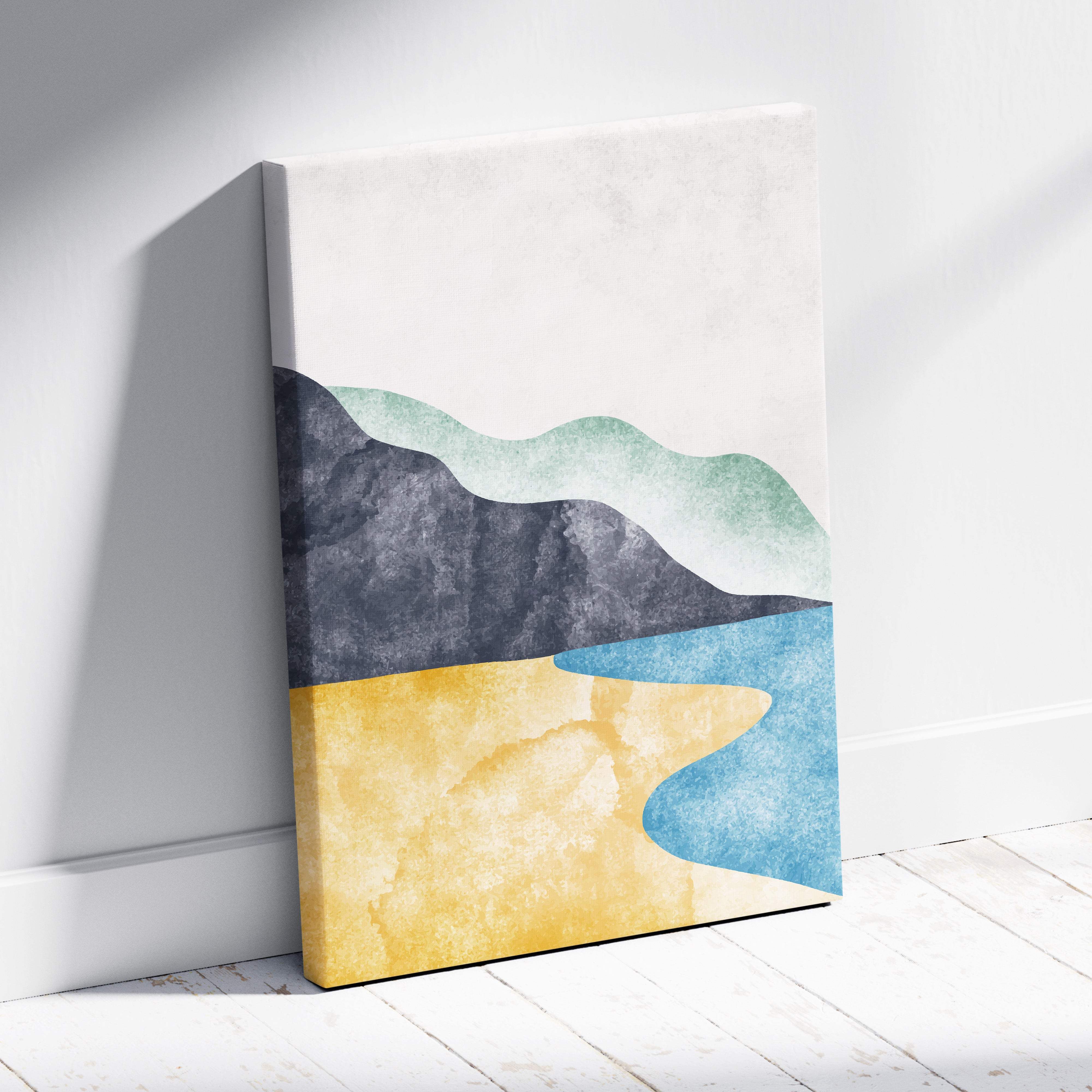 Abstract coastal landscape wall art featuring layered watercolor waves in muted teal charcoal gray and golden yellow on canvas