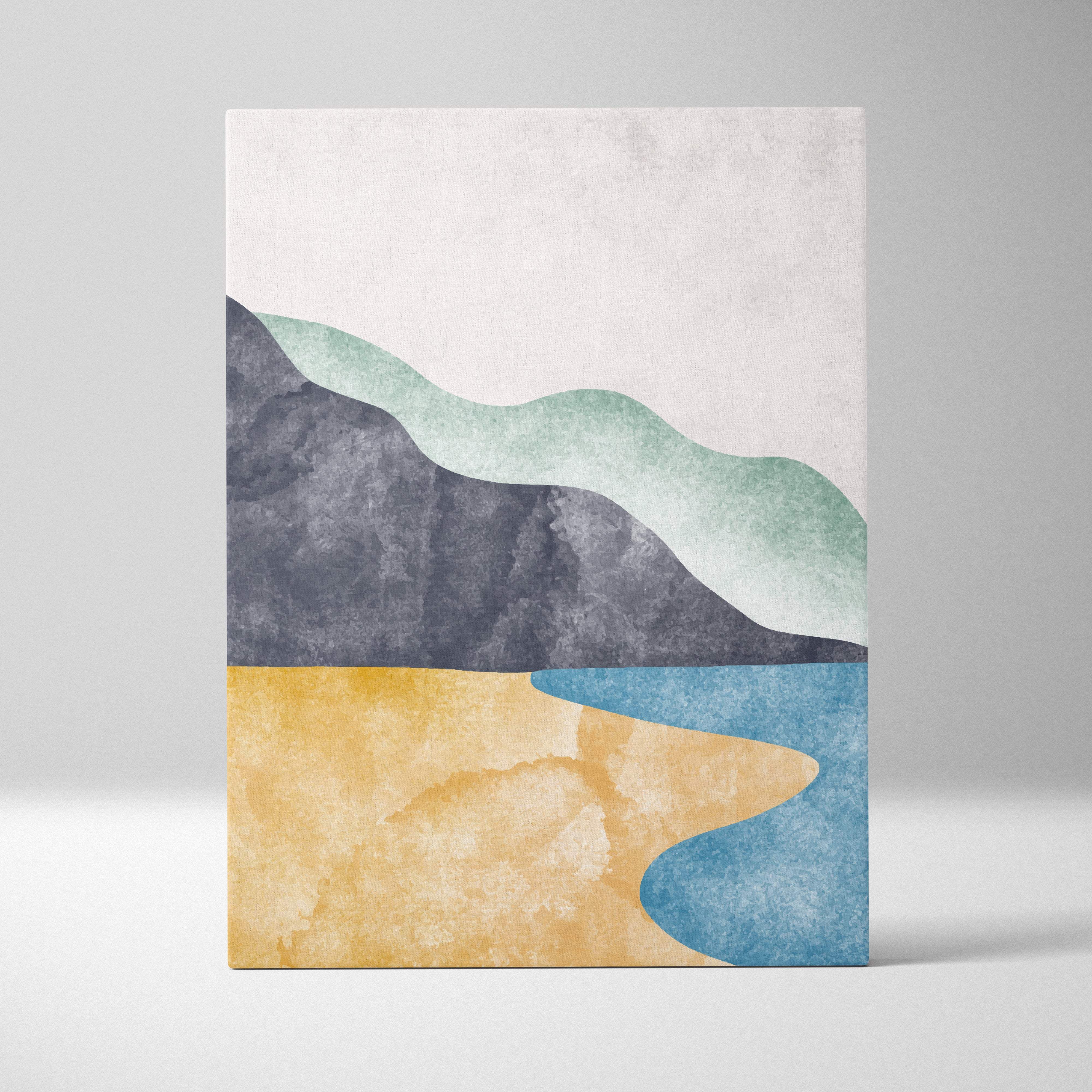 Abstract coastal landscape wall art featuring layered watercolor waves in muted teal gray ochre and blue on off-white canvas