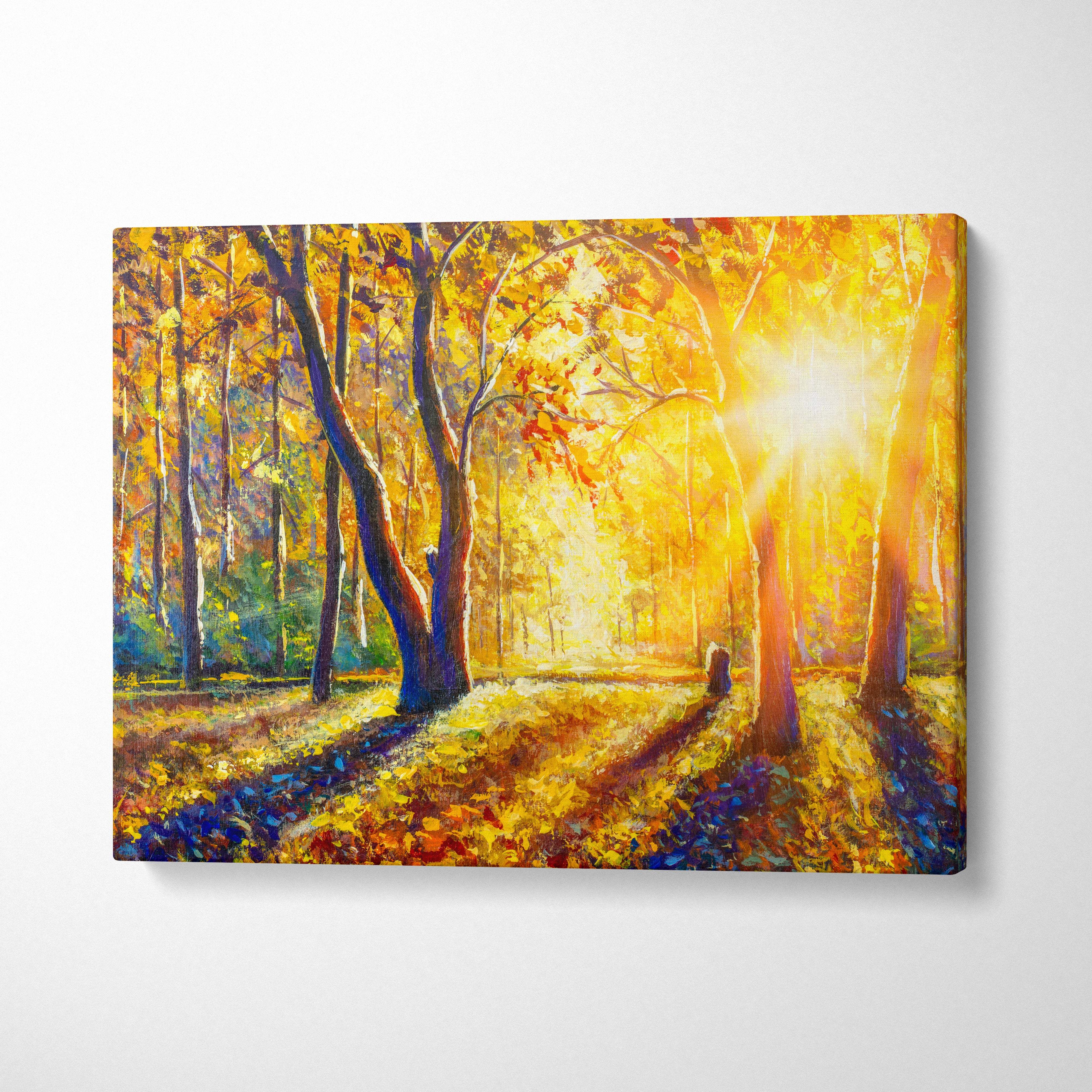Vibrant autumn forest sunlight canvas painting with golden light beams and fall leaves wall art print