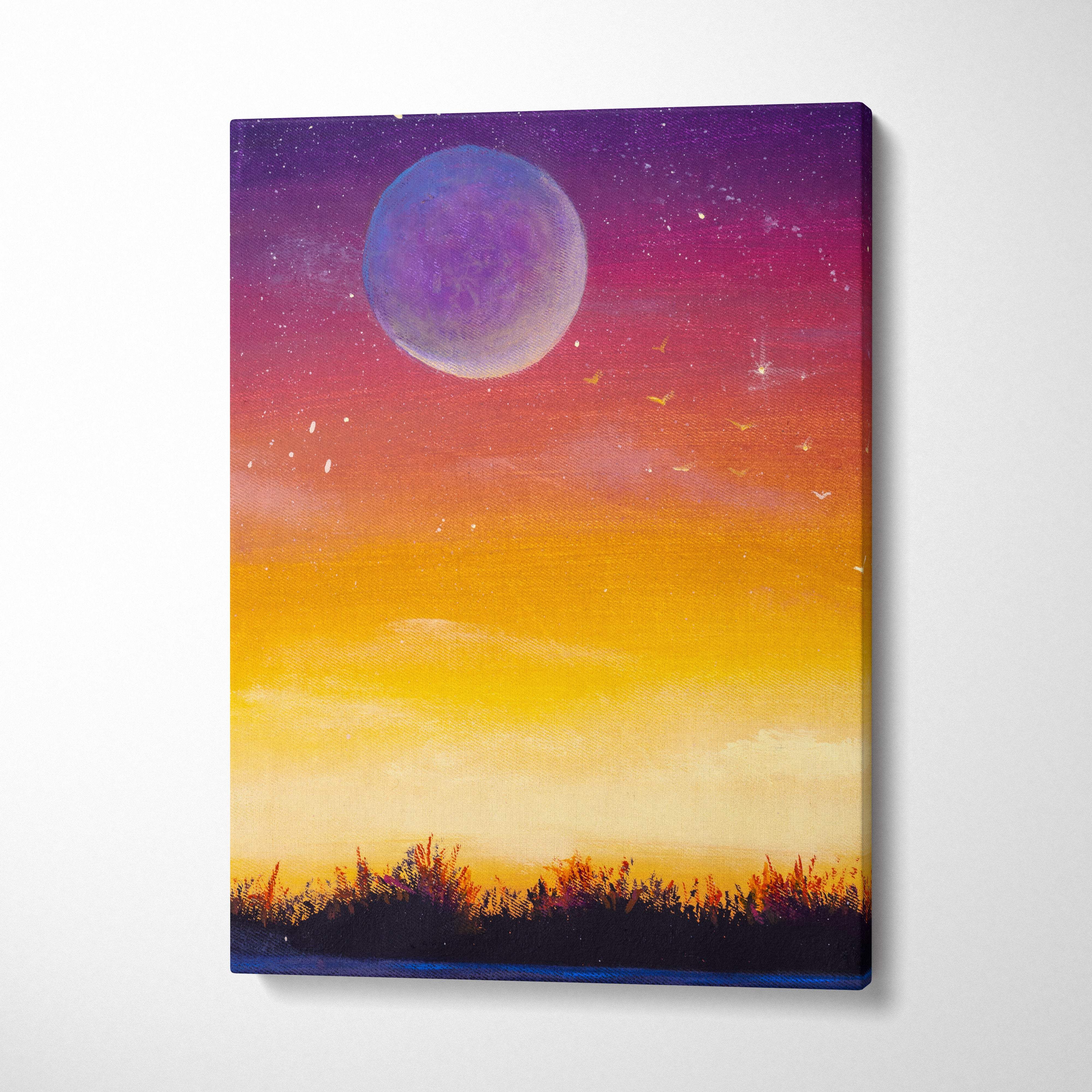 Moonlit sunset landscape canvas print with vibrant gradient sky purple moon orange horizon and silhouetted grasses