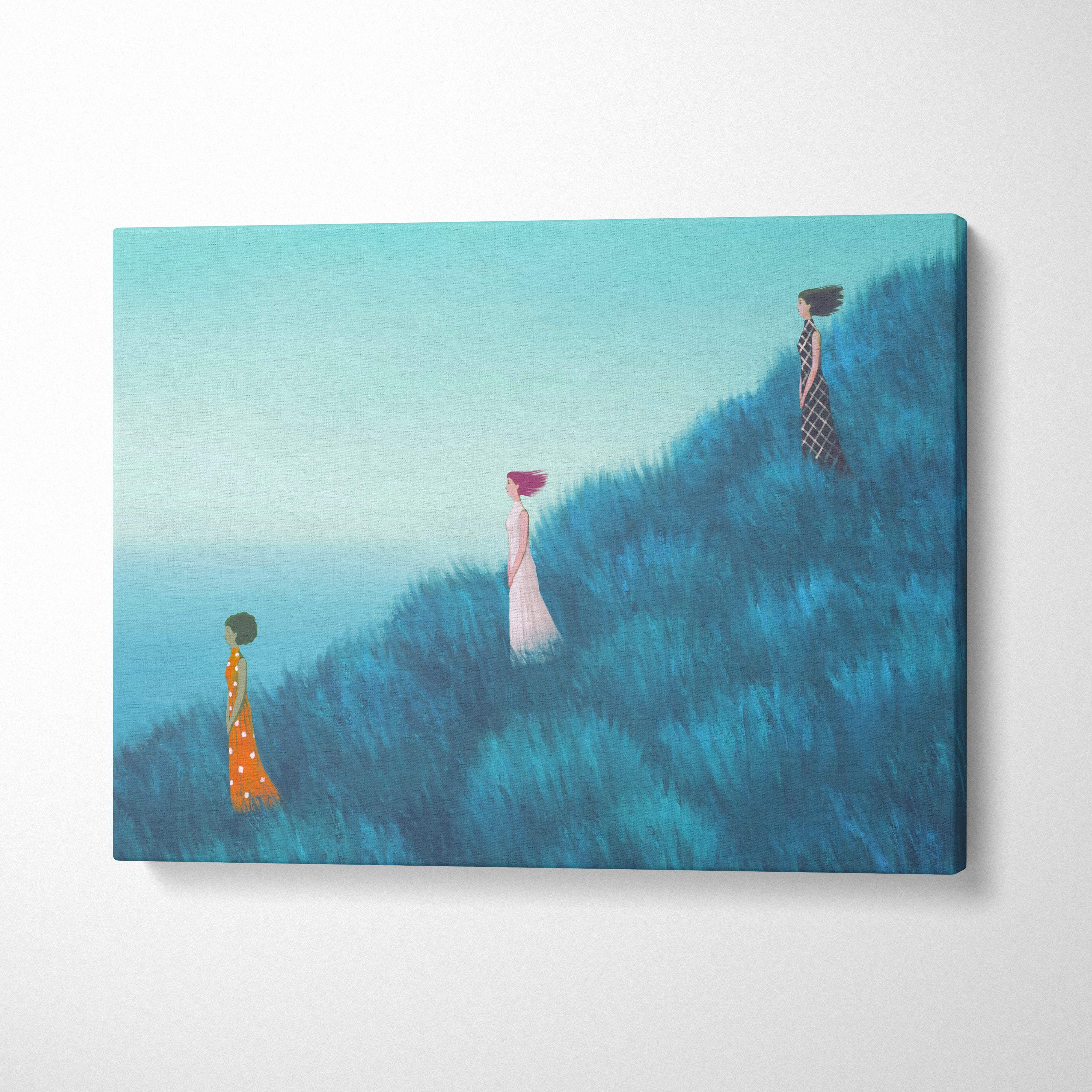 Contemporary rectangular canvas wall art featuring three stylized women in a dreamy blue-toned landscape with minimal design