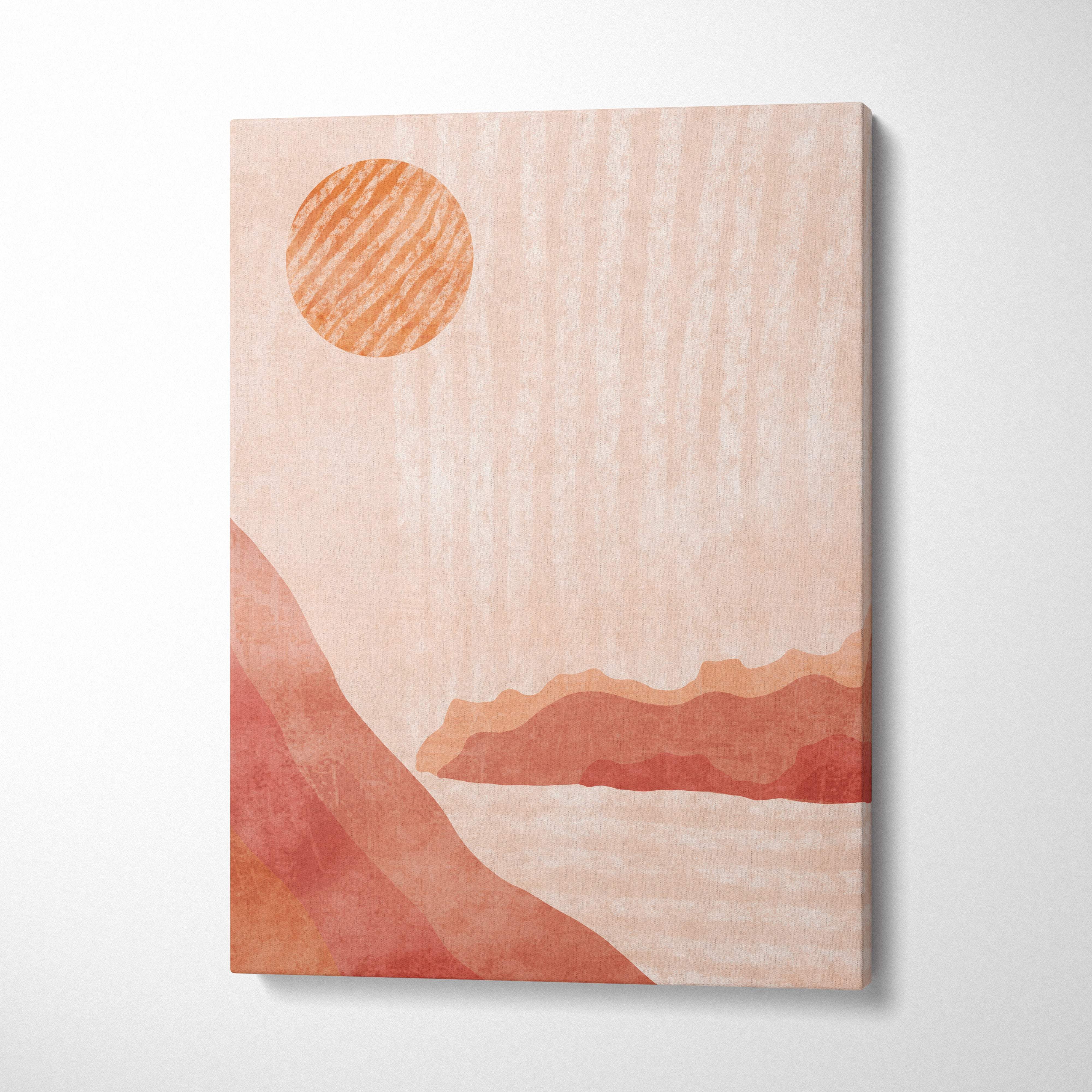 Warm desert landscape wall art canvas print with terracotta sun and peach layered hills in minimalist boho style