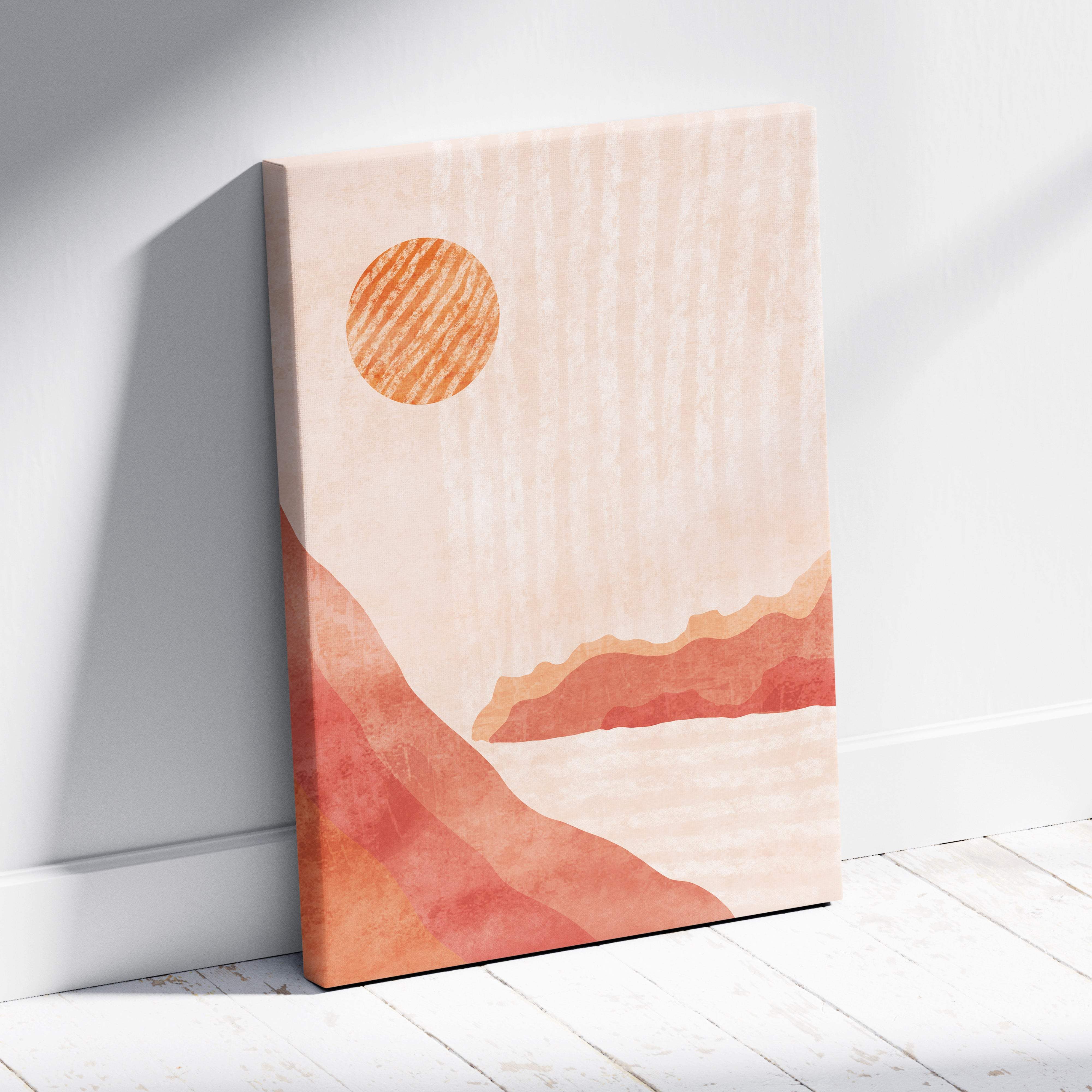 Warm desert landscape wall art featuring a minimalist terracotta sun and peach canyon abstract print for boho decor