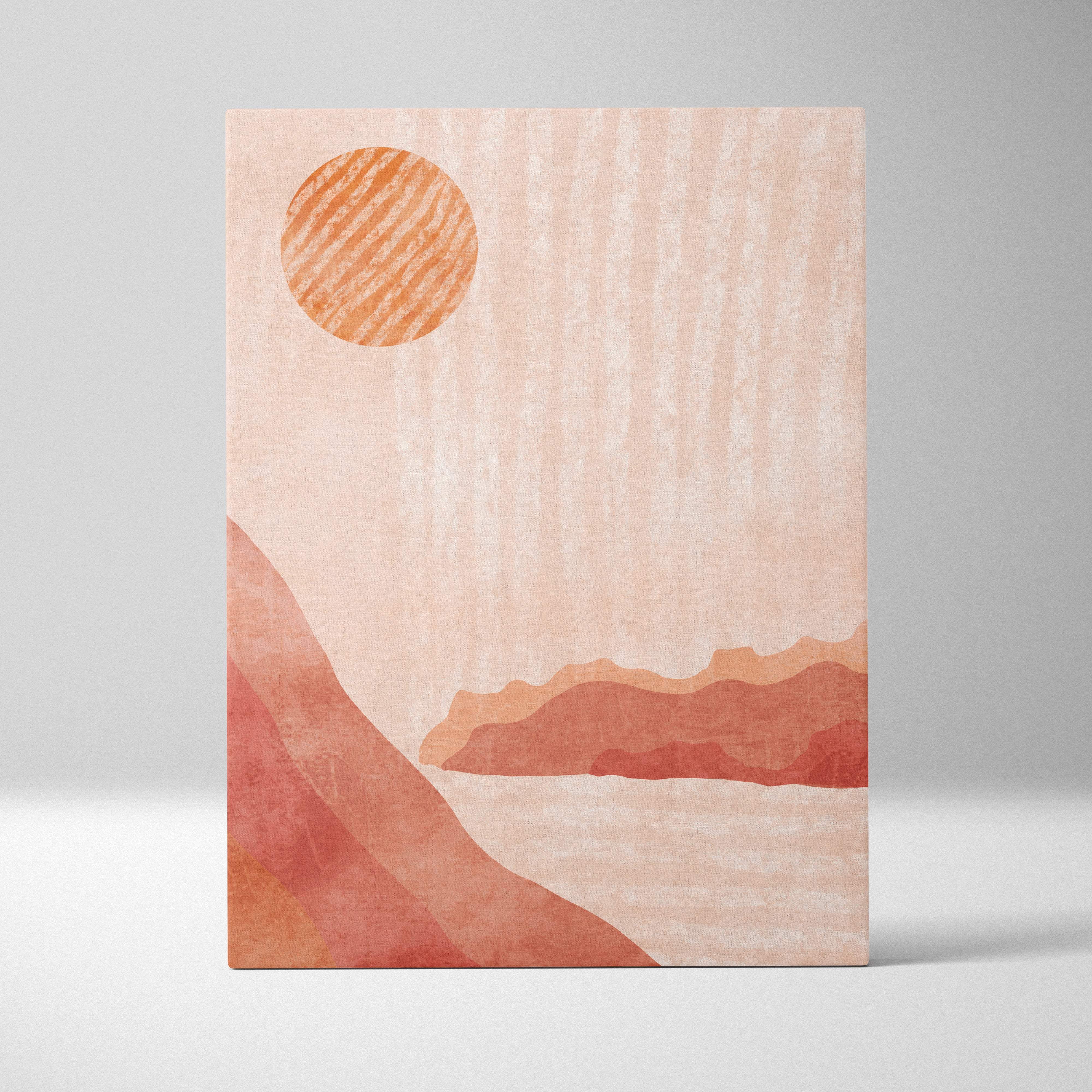 Minimalist abstract landscape canvas with textured striped terracotta sun and soft peach mountain silhouettes wall art