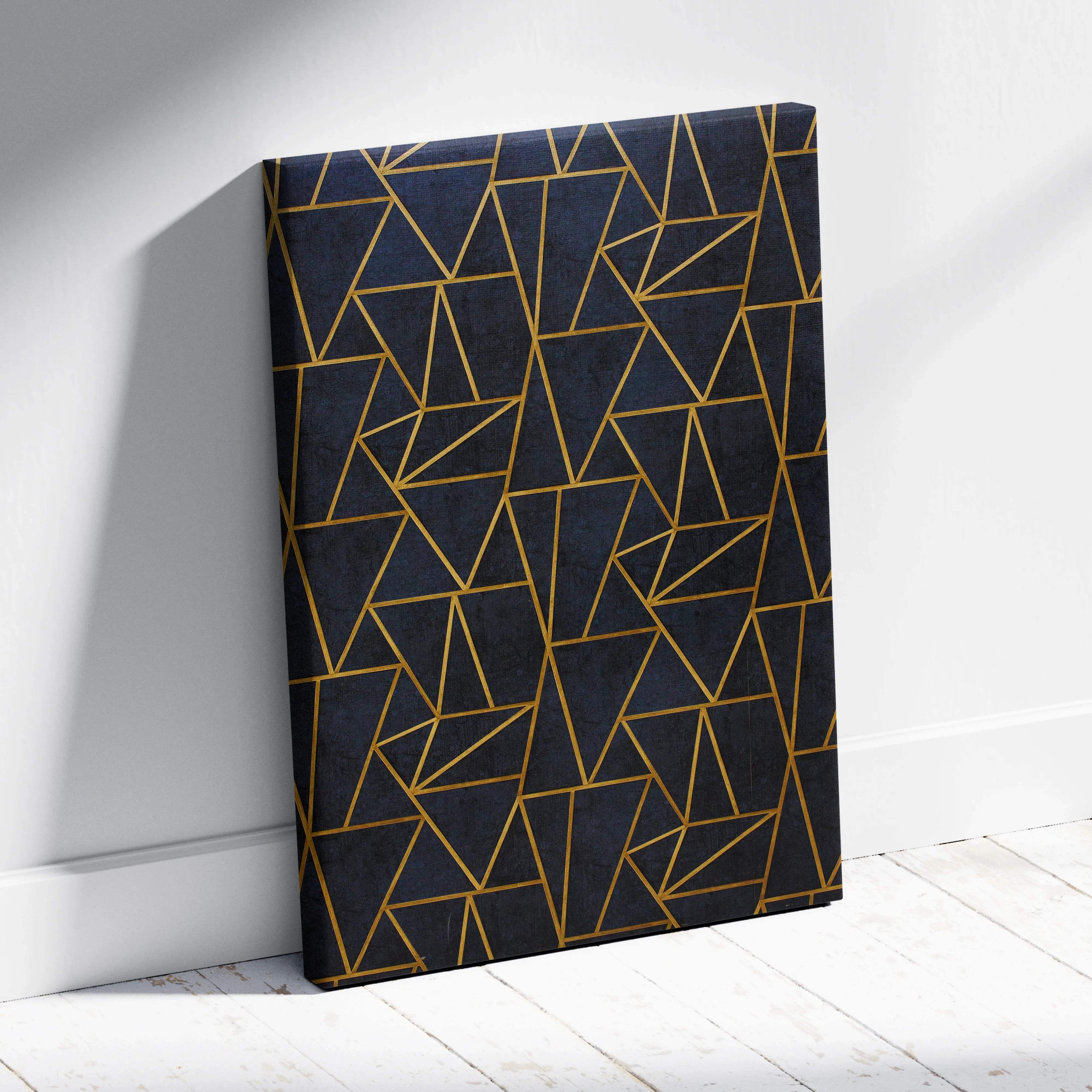 Luxury gold geometric triangle pattern on navy canvas art deco wall art