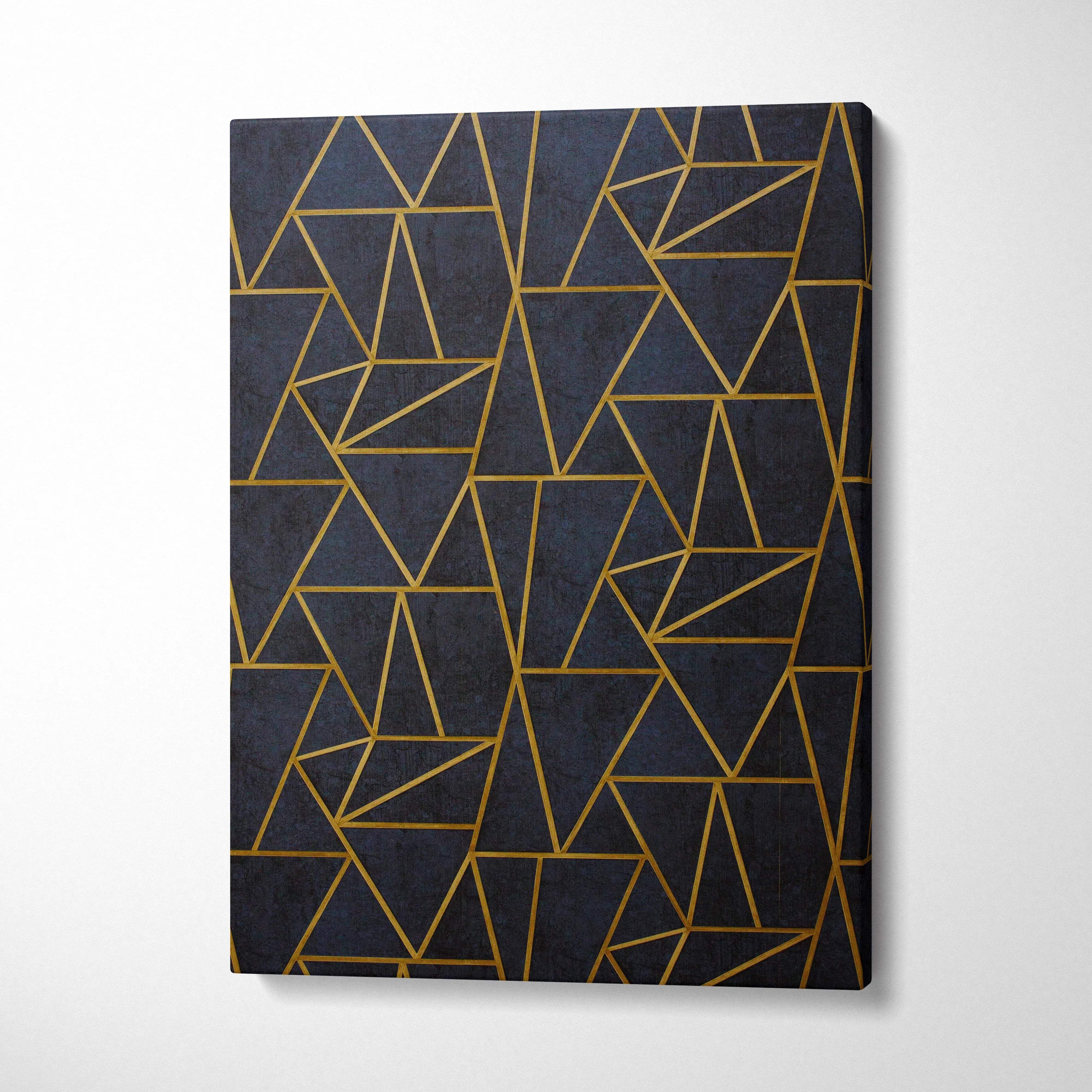 Luxury gold geometric triangle pattern on navy canvas art deco wall art