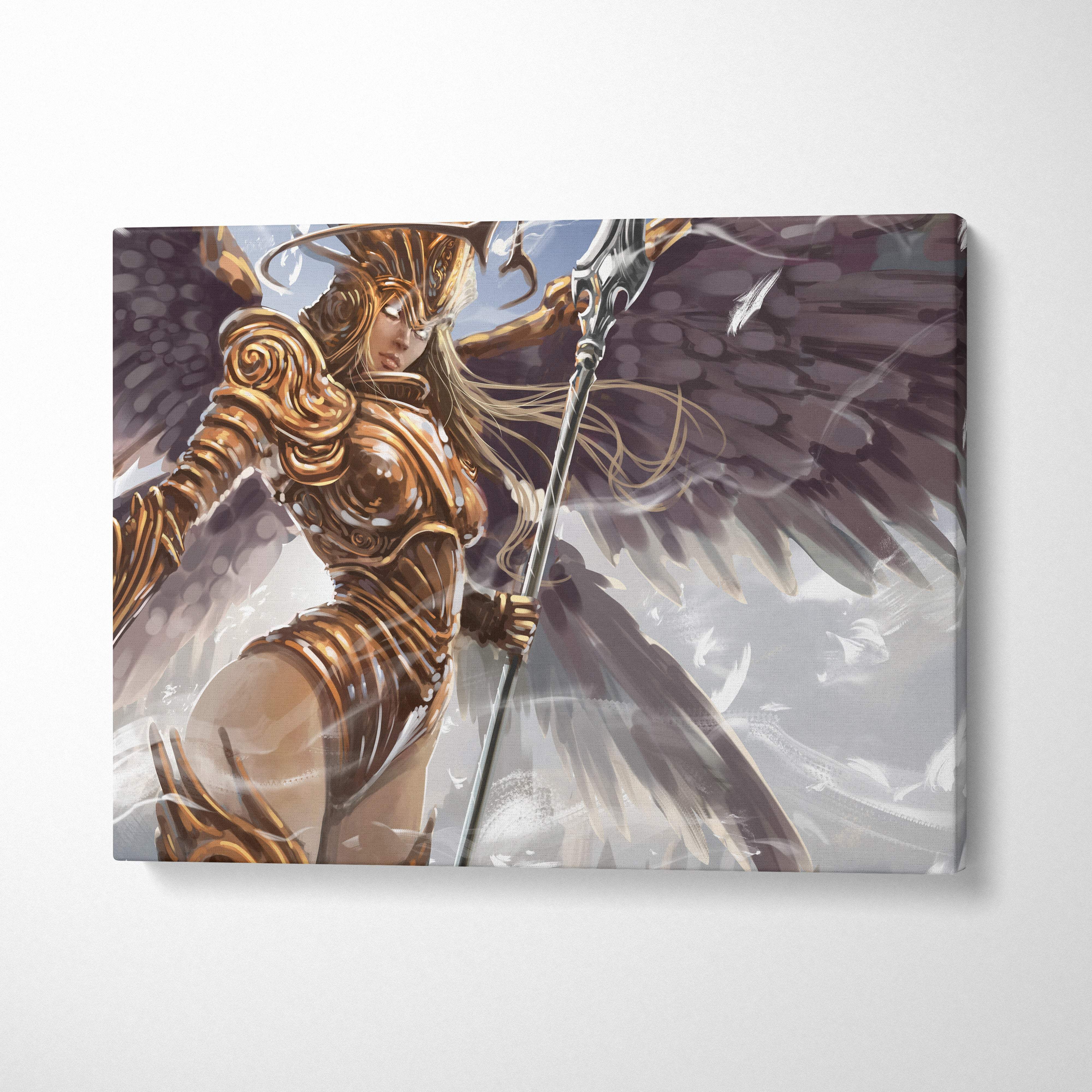 Golden angel warrior canvas wall art featuring a golden armored angel with dark wings on a white and gold background