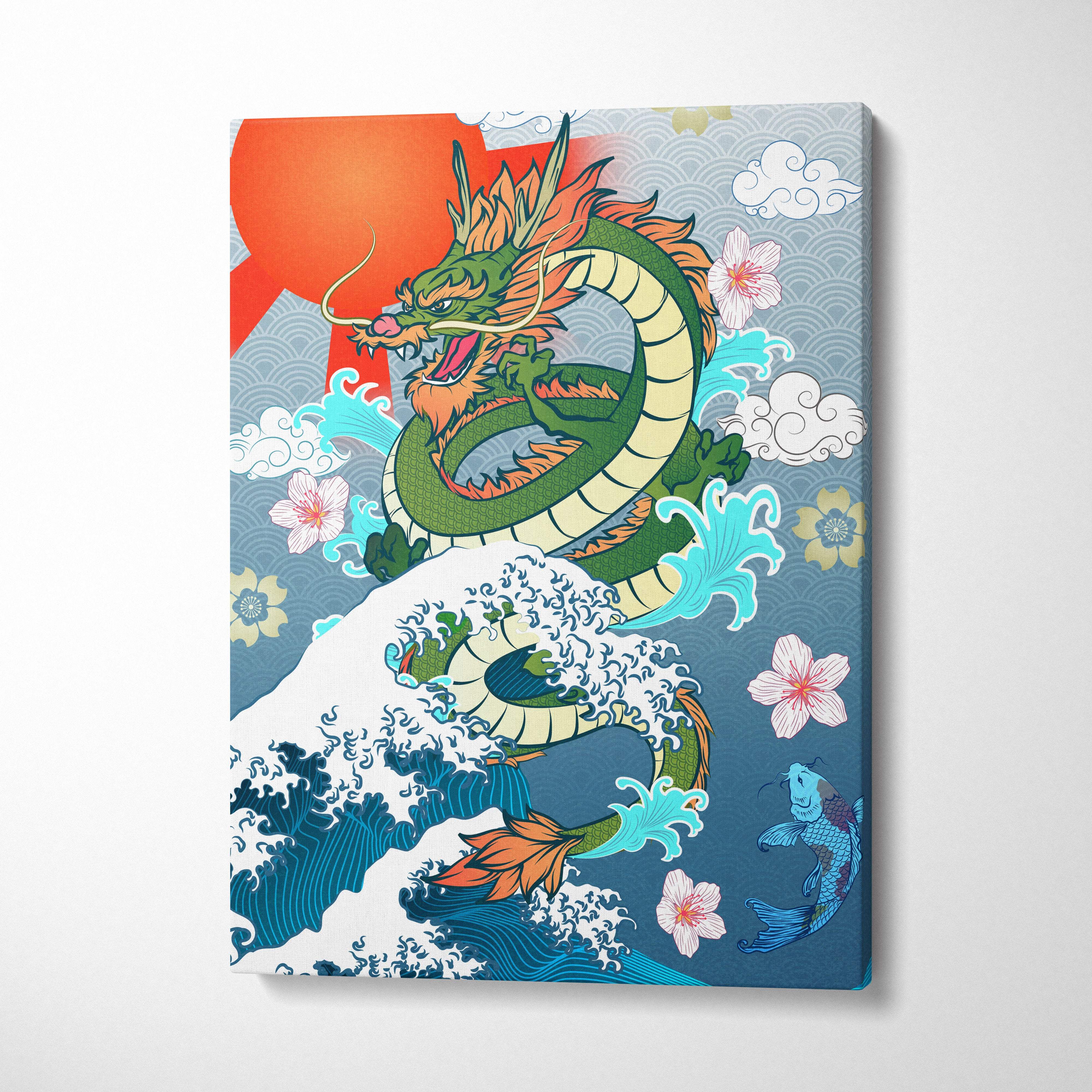Green japanese dragon wave canvas wall art features a vibrant green dragon with orange accents and pink cherry blossoms