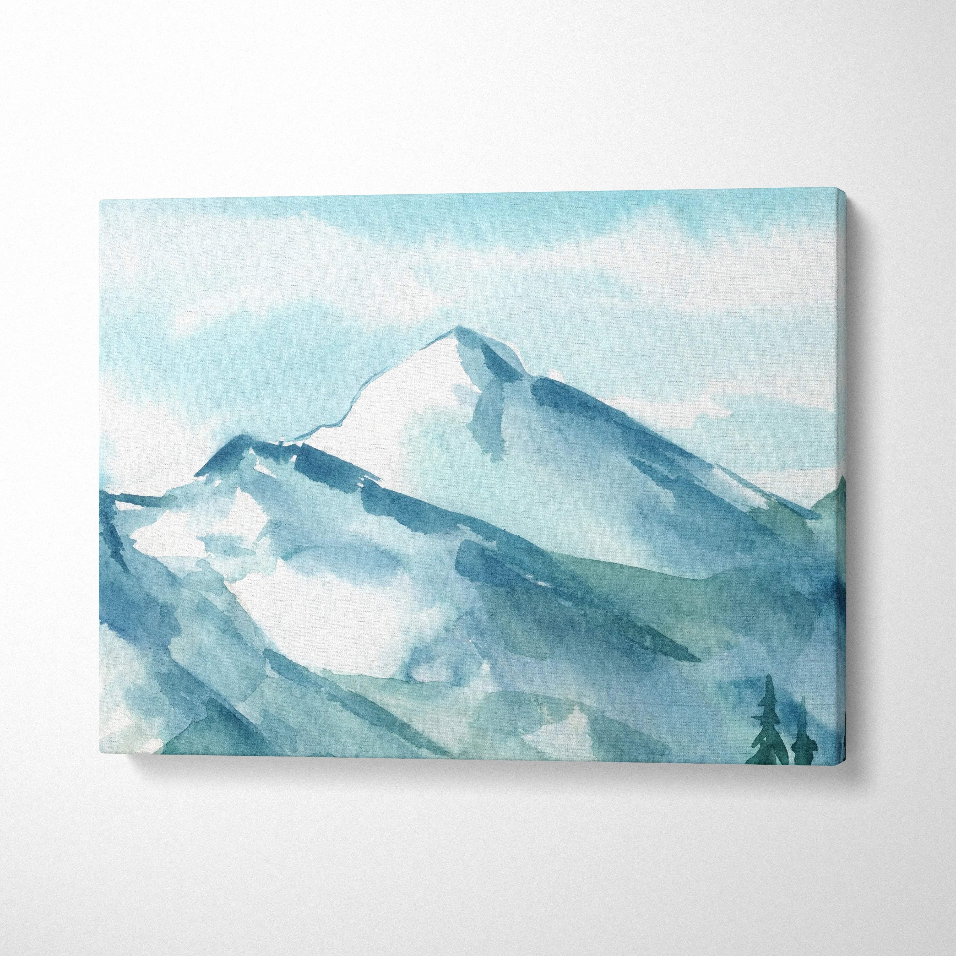 Serene misty mountain watercolor canvas print in blue teal tones with alpine peaks and pines