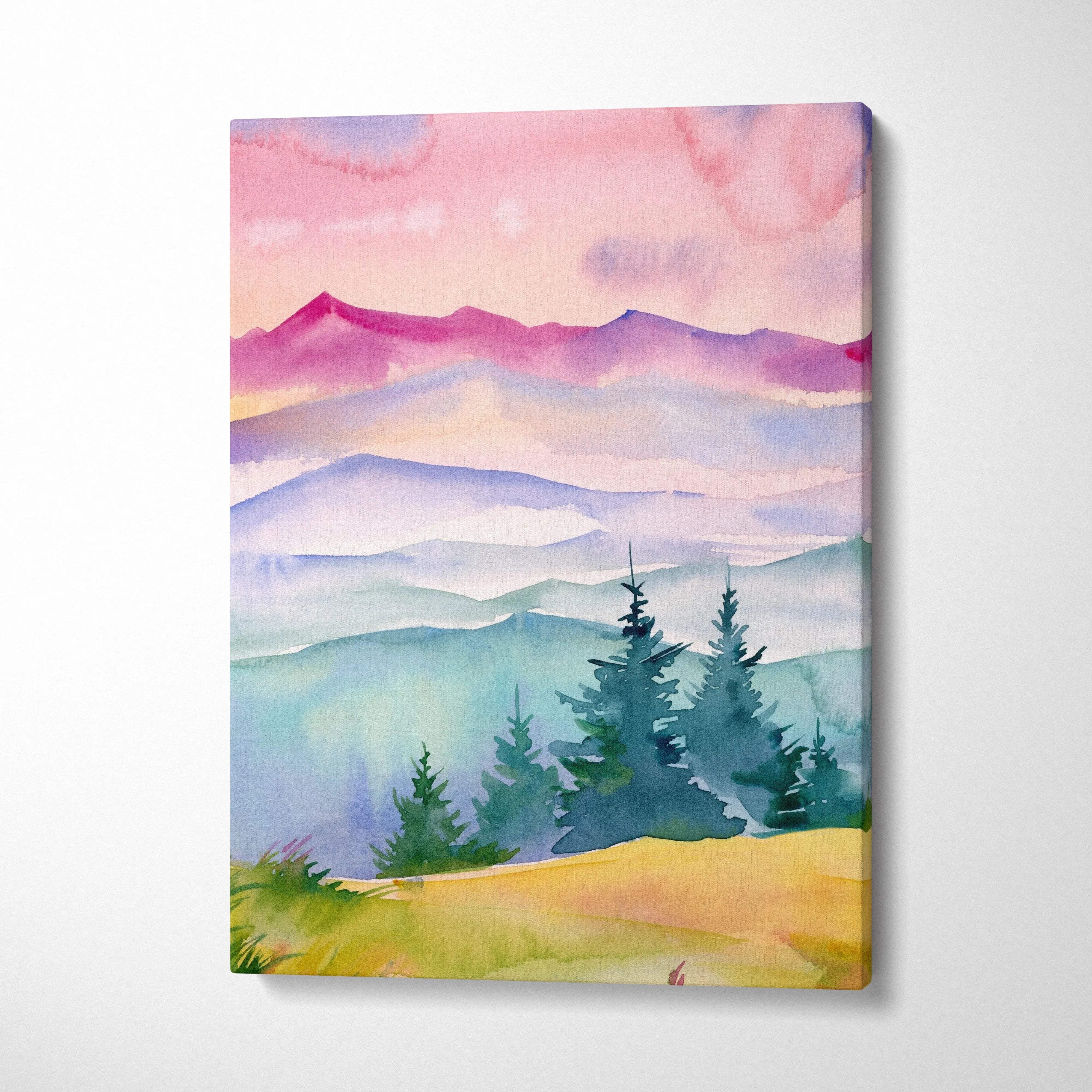 Watercolor mountain landscape canvas at sunrise with misty pastel hills, pink peach sky