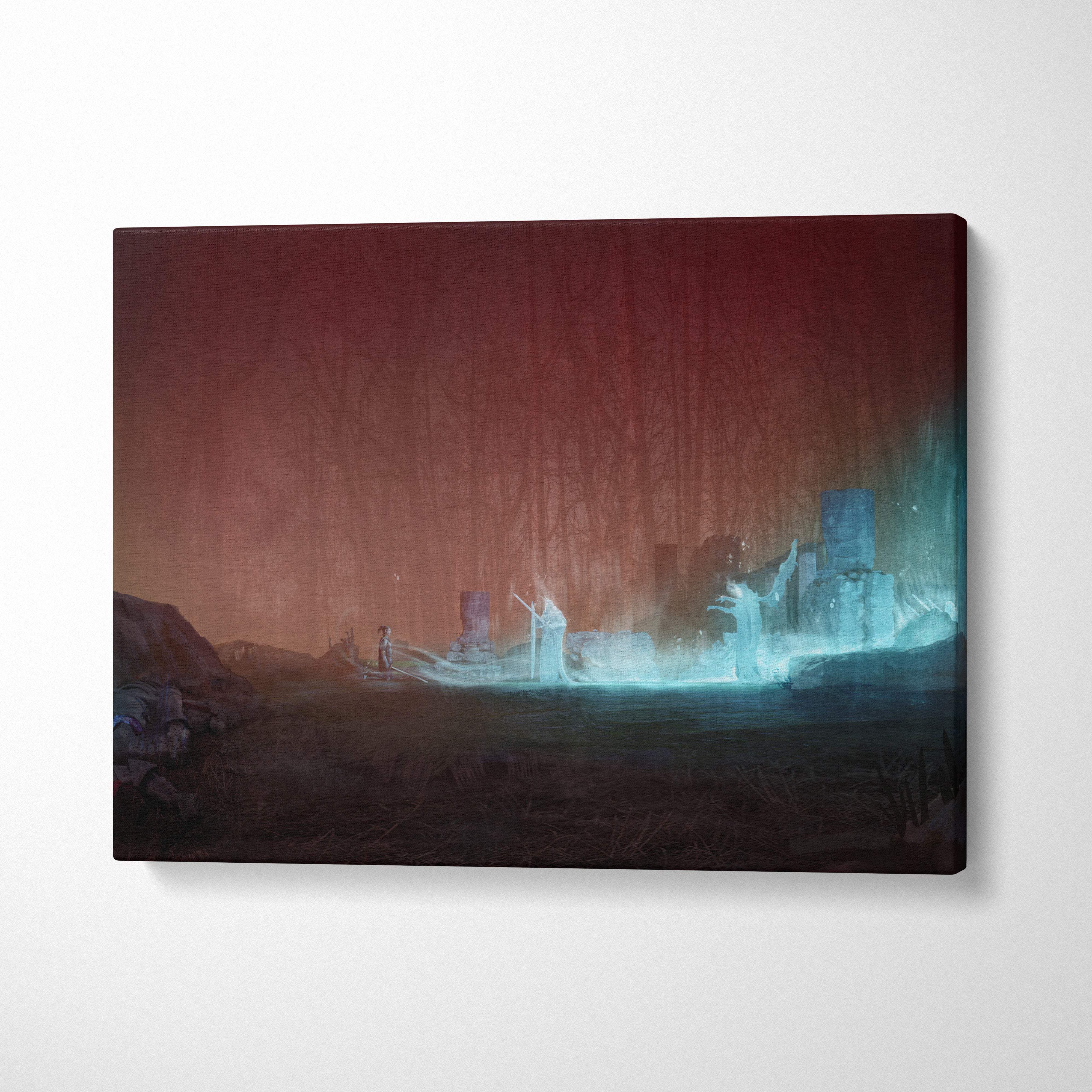Dark fantasy necromancer rectangular canvas print with glowing blue figures on deep red and orange gothic forest backdrop