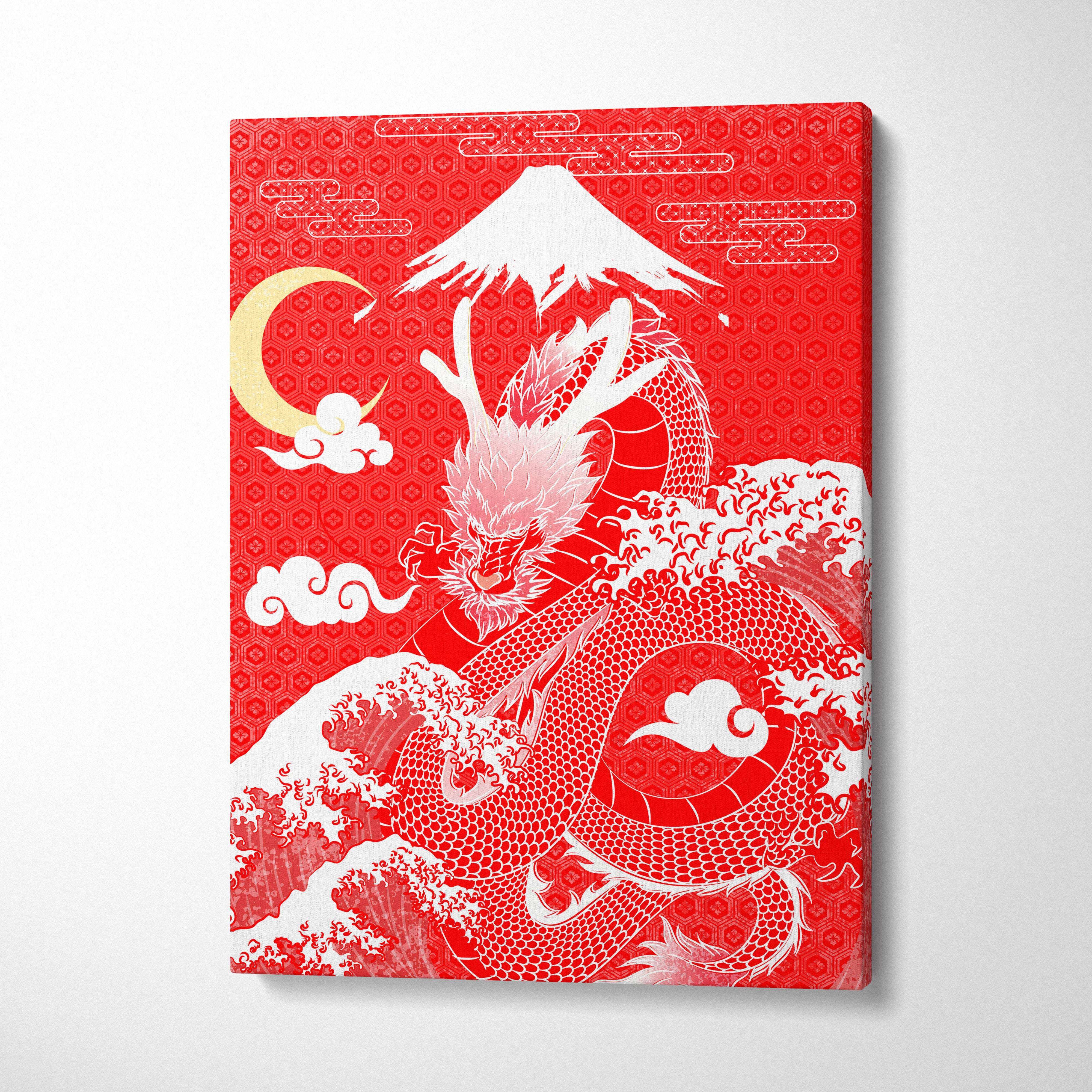 Red japanese dragon canvas wall art with white dragon coiled on waves mount fuji crescent moon bold mythical decor