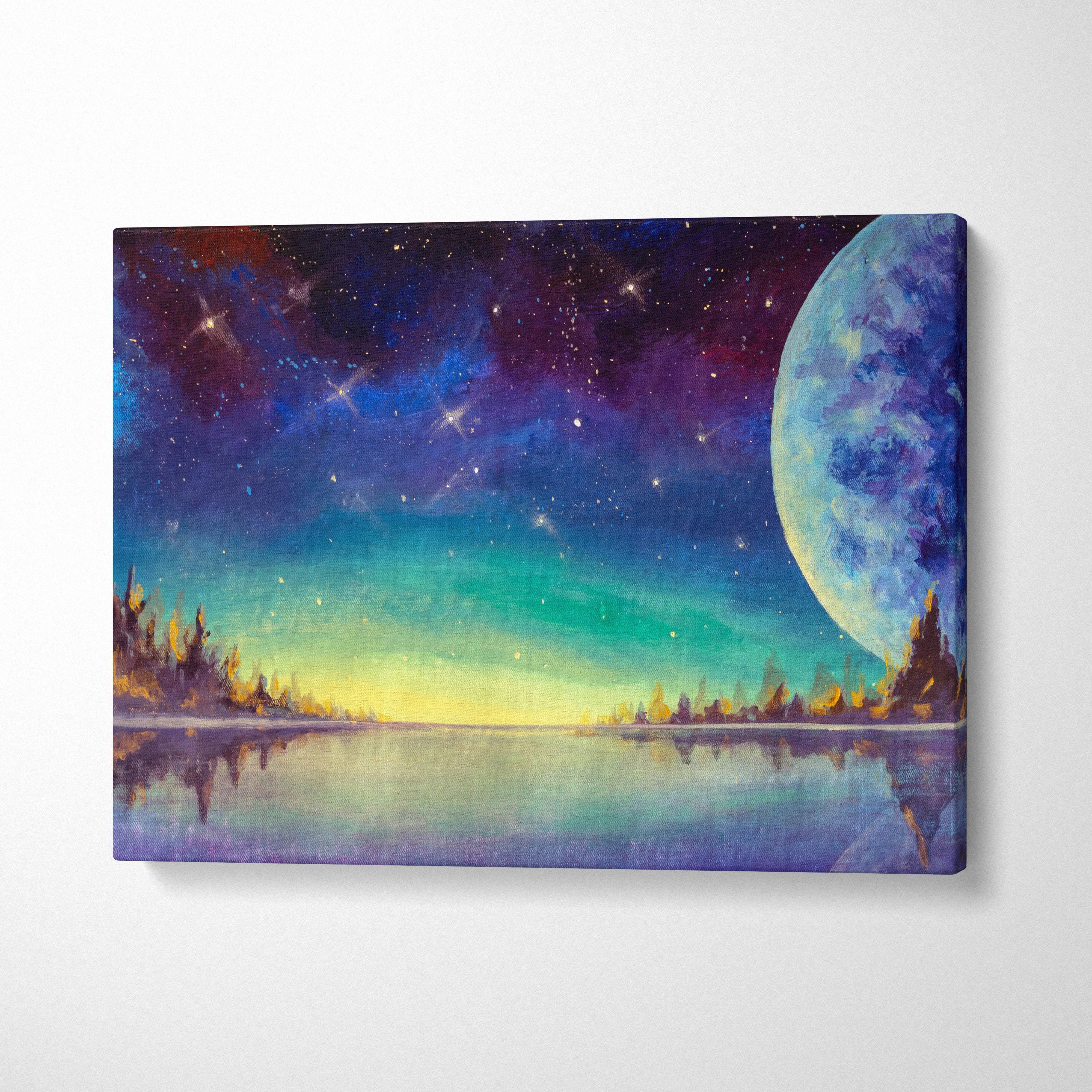 A vibrant celestial moonlit lake canvas print with blue moon, starry purple sky, green aurora borealis, and silhouetted trees