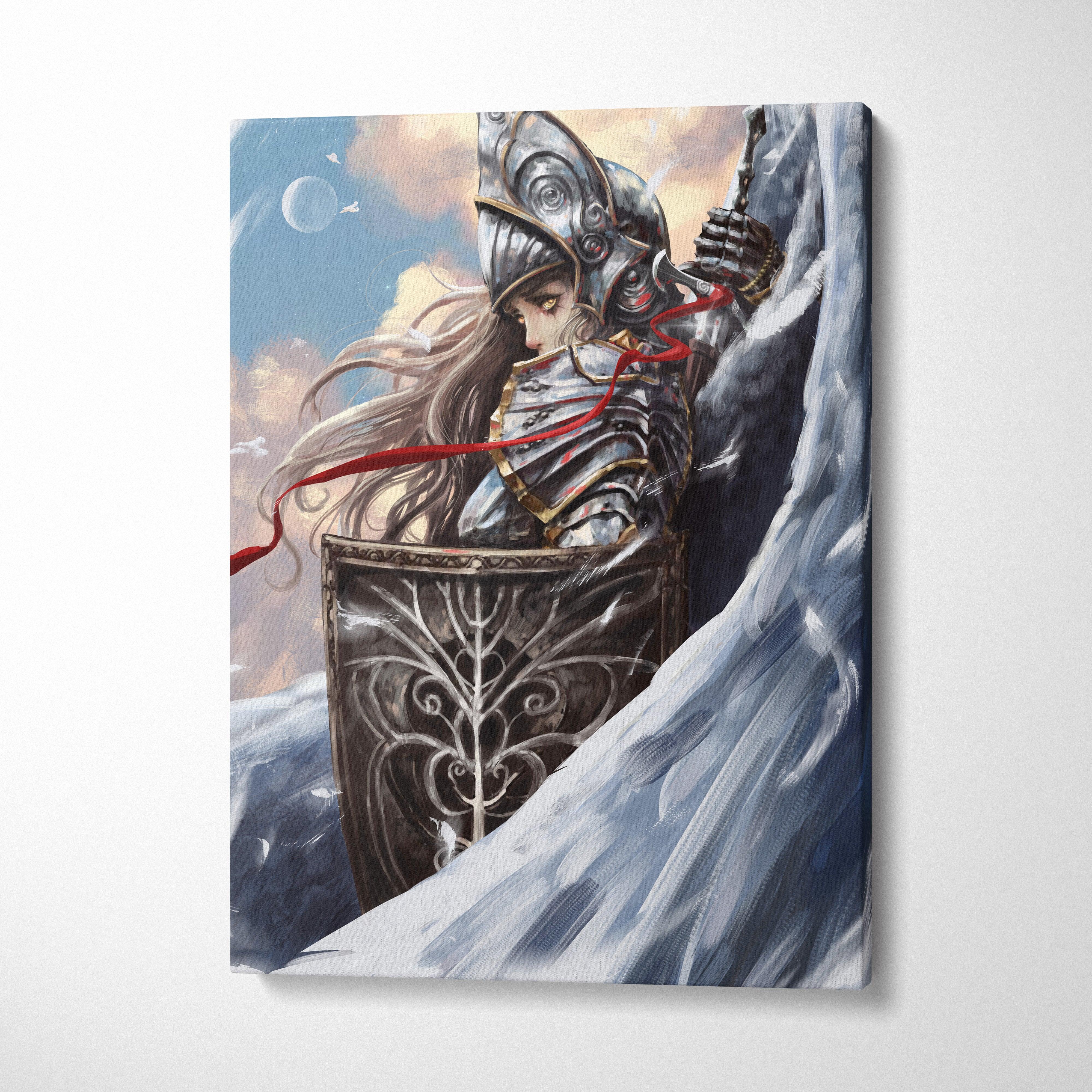 Canvas print of a celestial valkyrie warrior anime-style female knight in silver and gold armor holding red ribbon with shield
