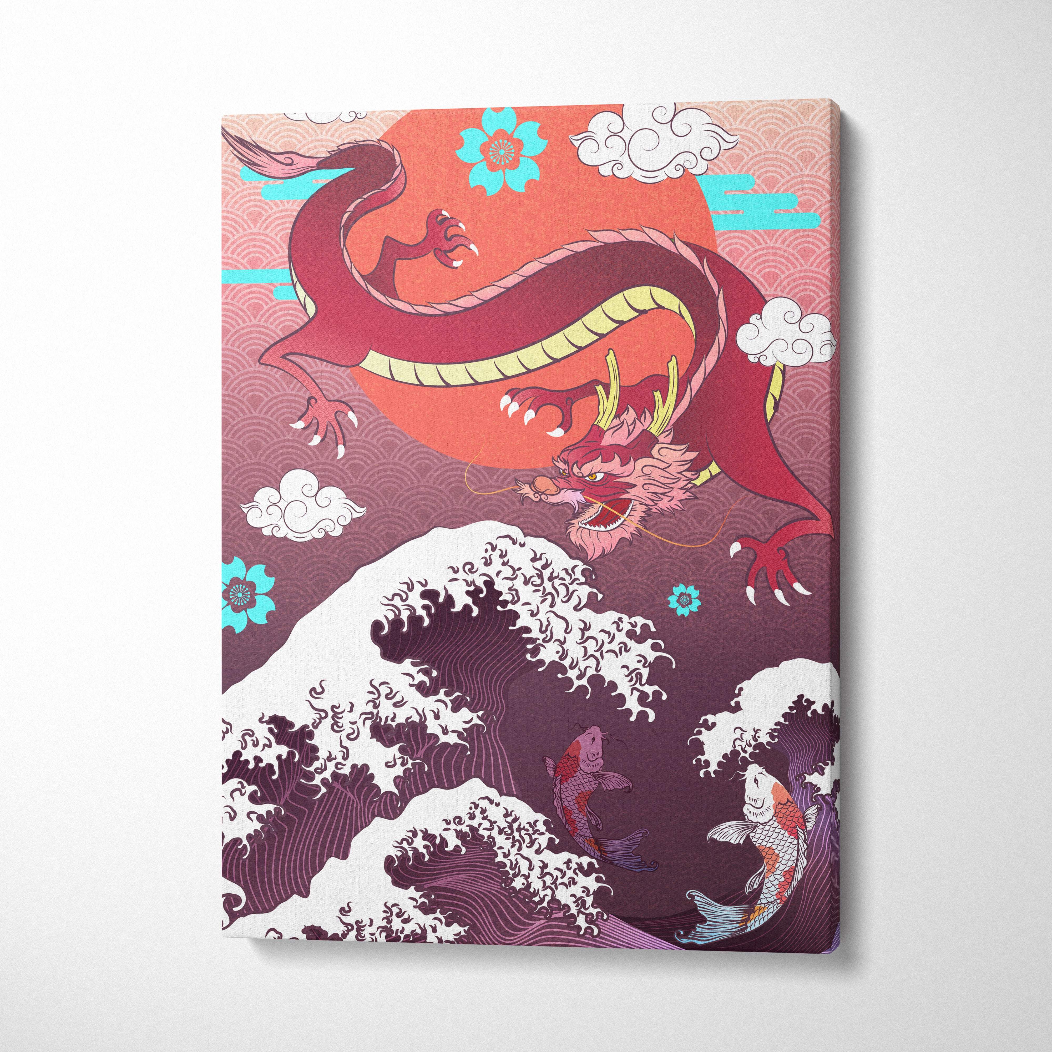 Purple japanese dragon wave canvas wall art with vibrant red dragon yellow accents over stylized koi fish waves